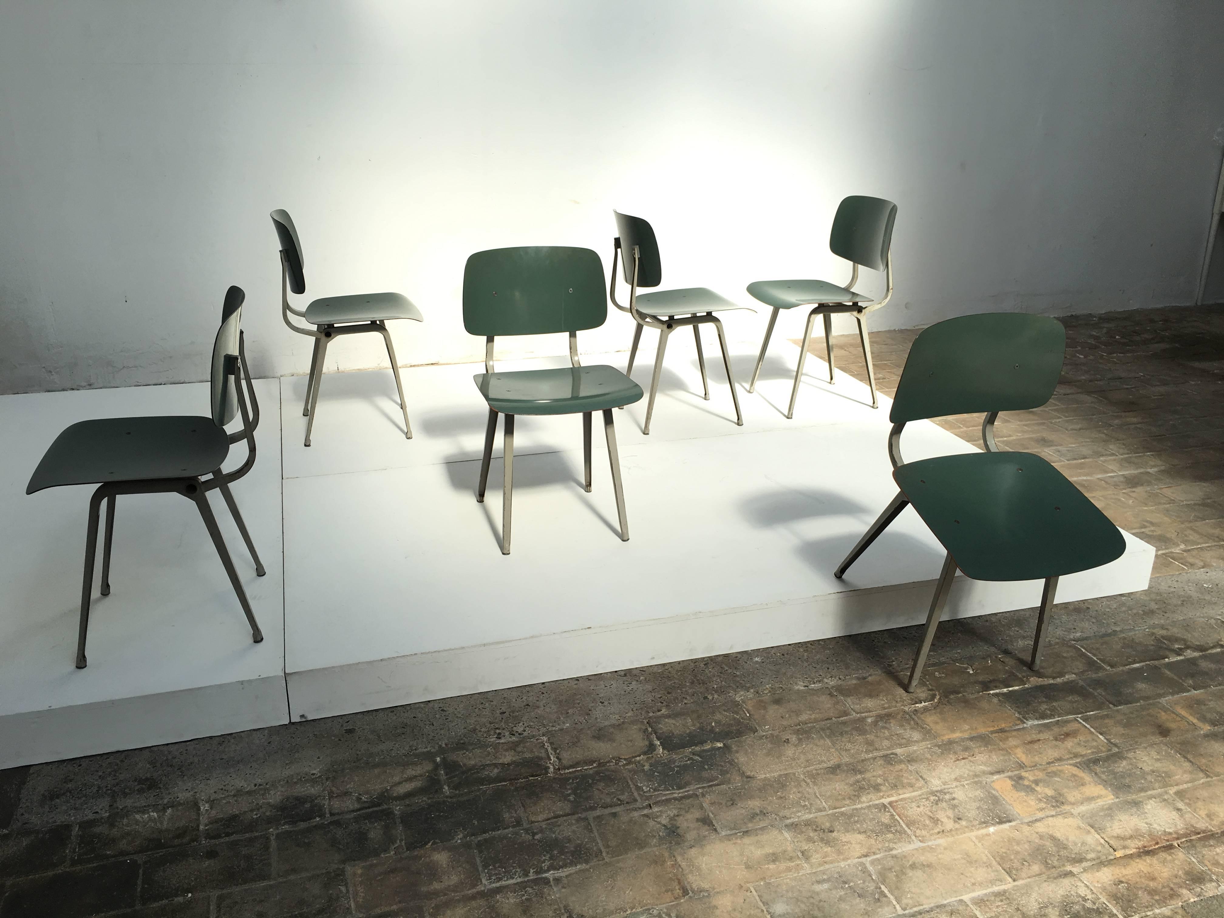 This is a rare set of green ciranol Revolt chairs produced in 1965 by Ahrend de Cirkel.

In 1953 Friso Kramer designed his Revolt chair, inspired by the works of Jean Prouve he came up with this brilliant lightweight chair made out of folded sheet