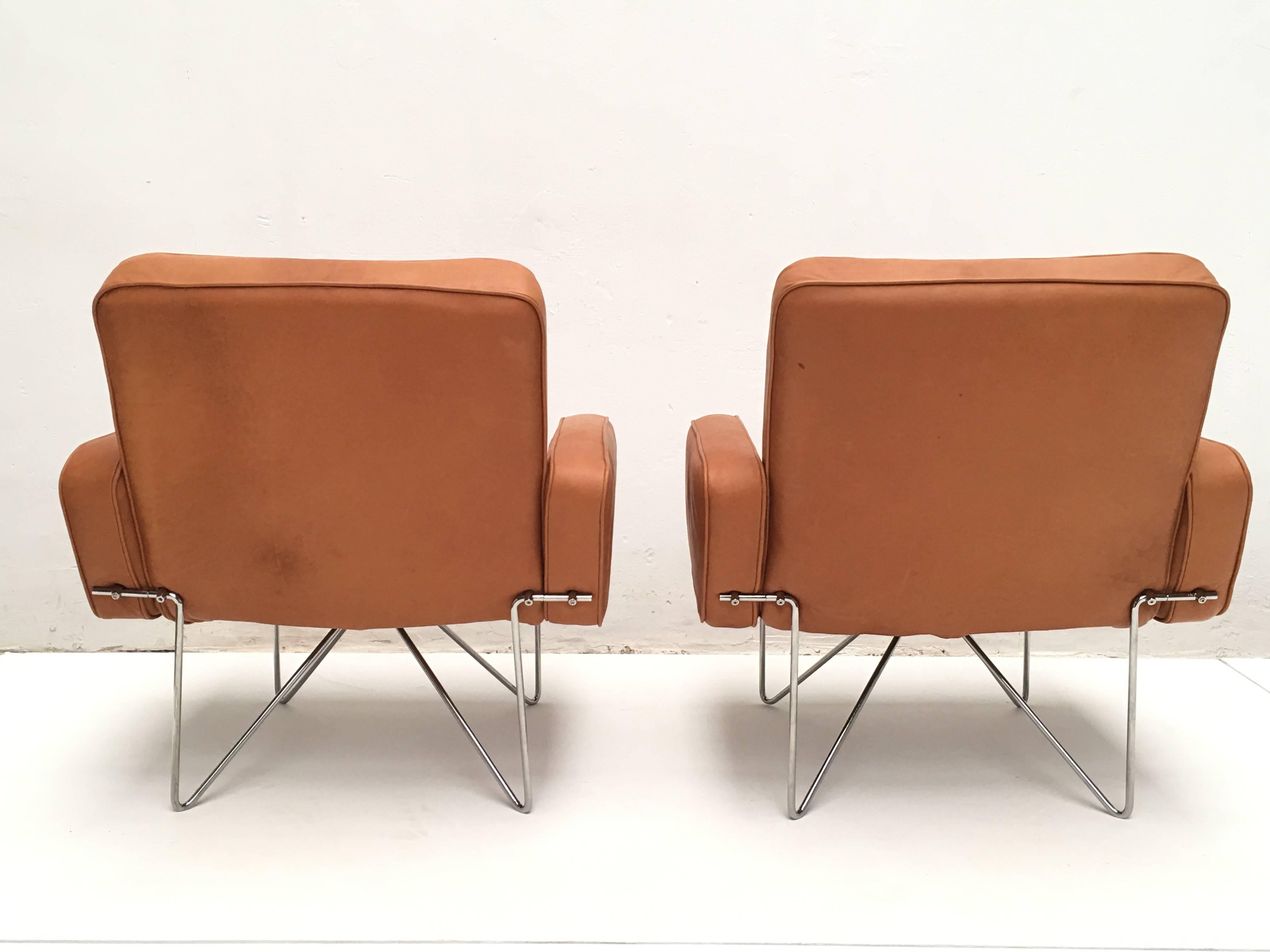 Dutch Chromed Steel Wire Base and Leather Easy Chairs Attributed to Hein Salomonson