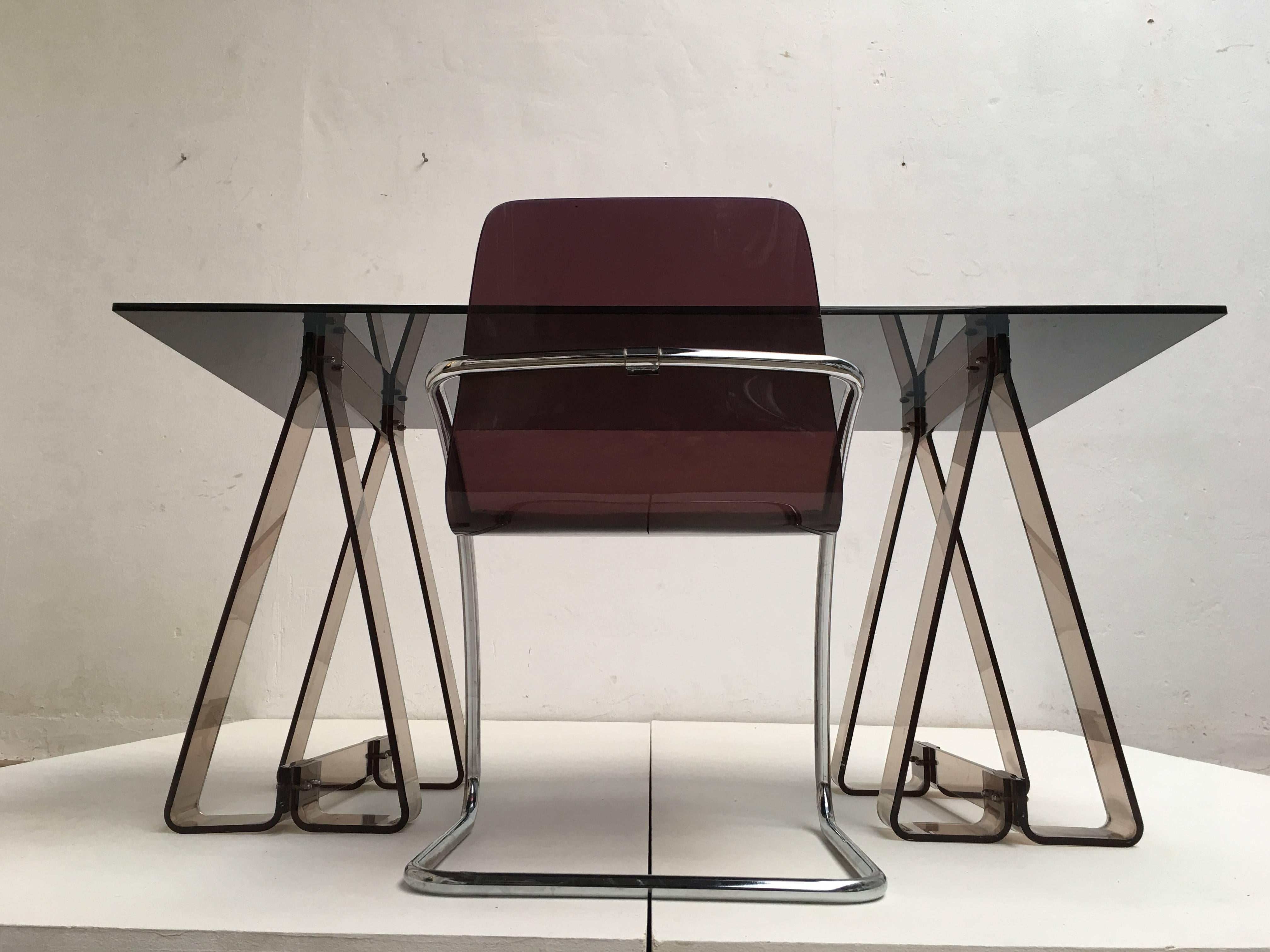 Late 20th Century 1970s Smoked Acrylic and Glass Trestle Desk, Lucite and Tubular Chrome Chair