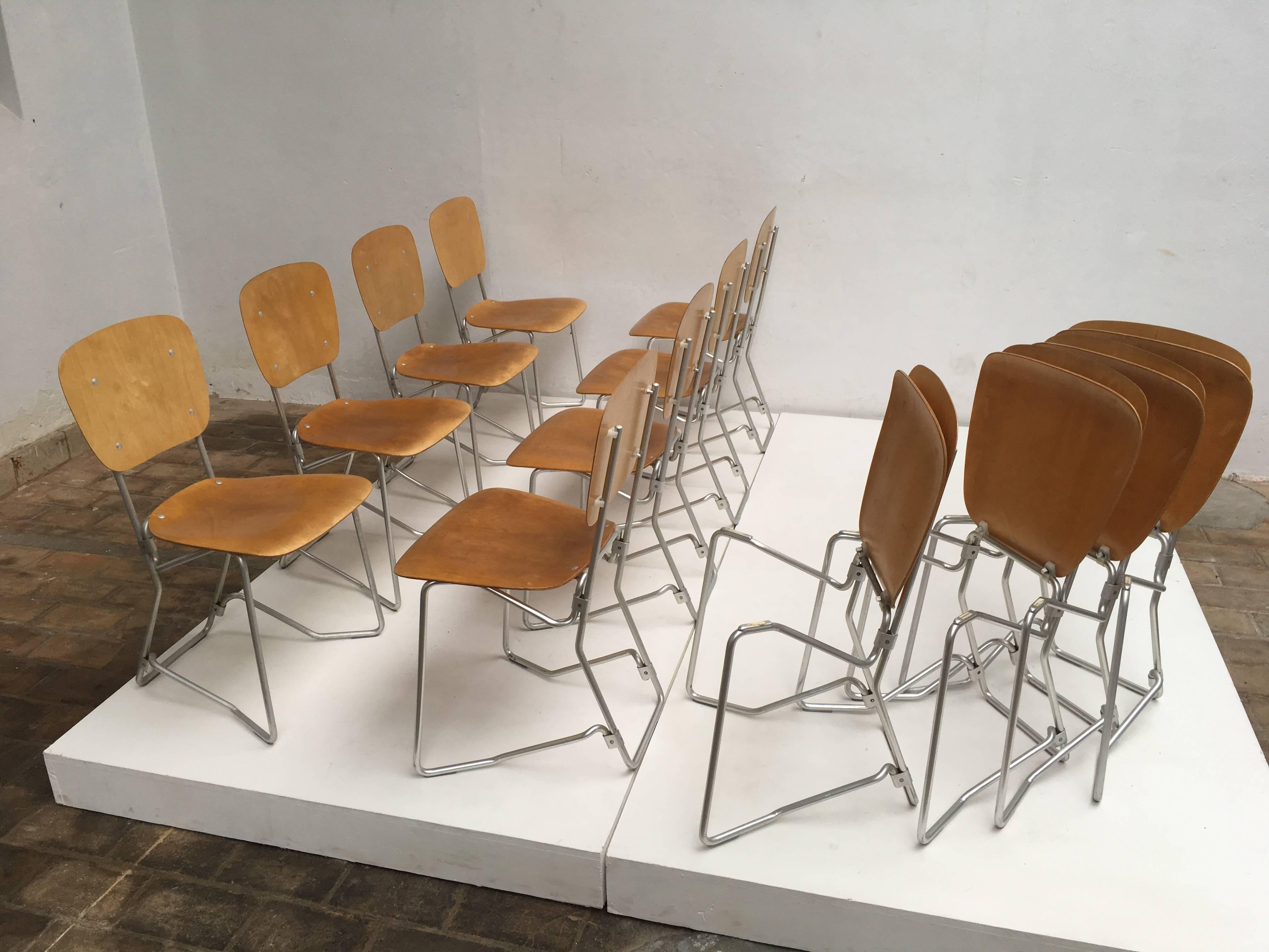 Swiss 12 Birch and Aluminium Chairs by Armin Wirth for Aluflex, Switzerland, 1951 For Sale