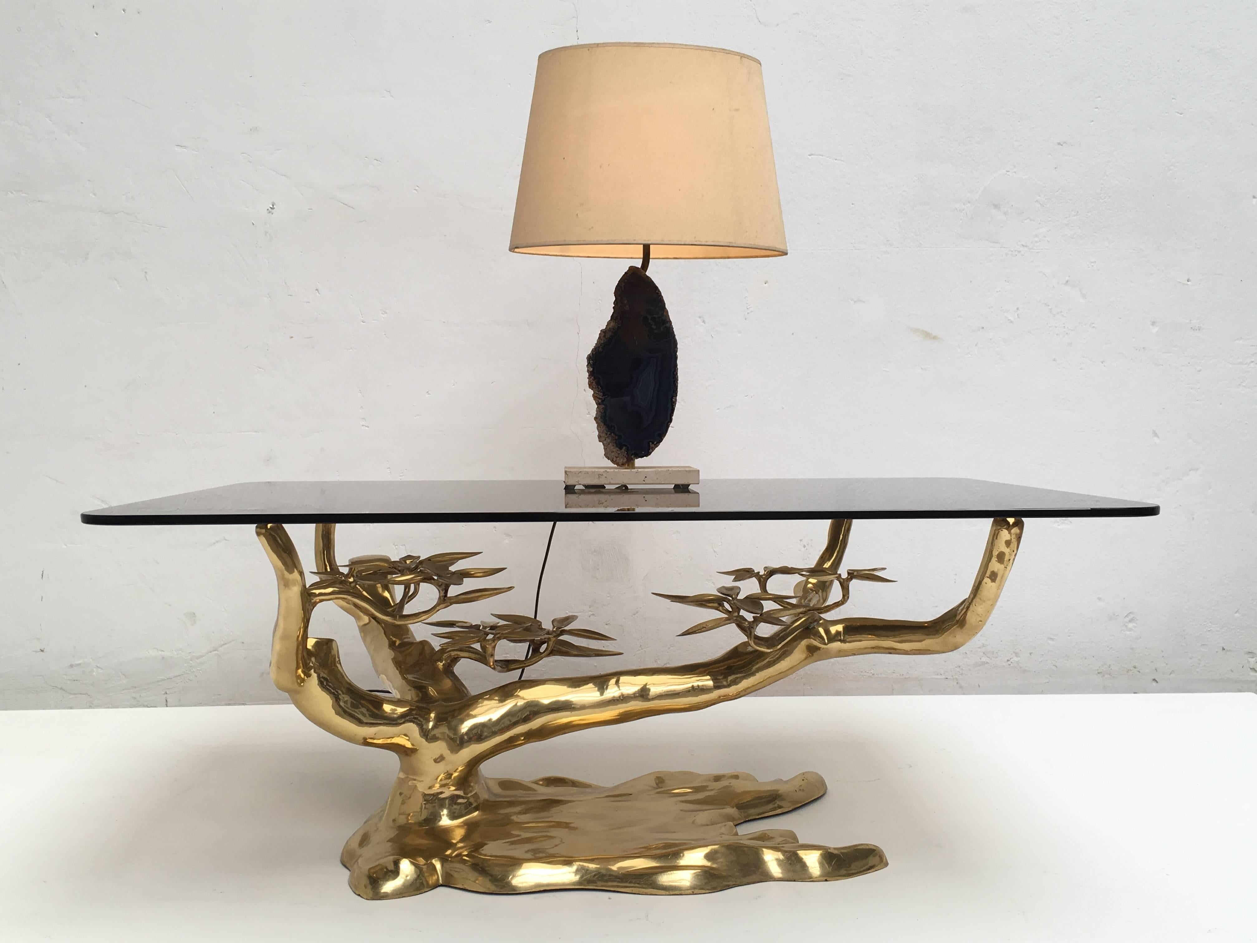 Belgian 1970s Table Lamp with Cut Agate Stone and Brass on Travertine Base In Good Condition For Sale In bergen op zoom, NL