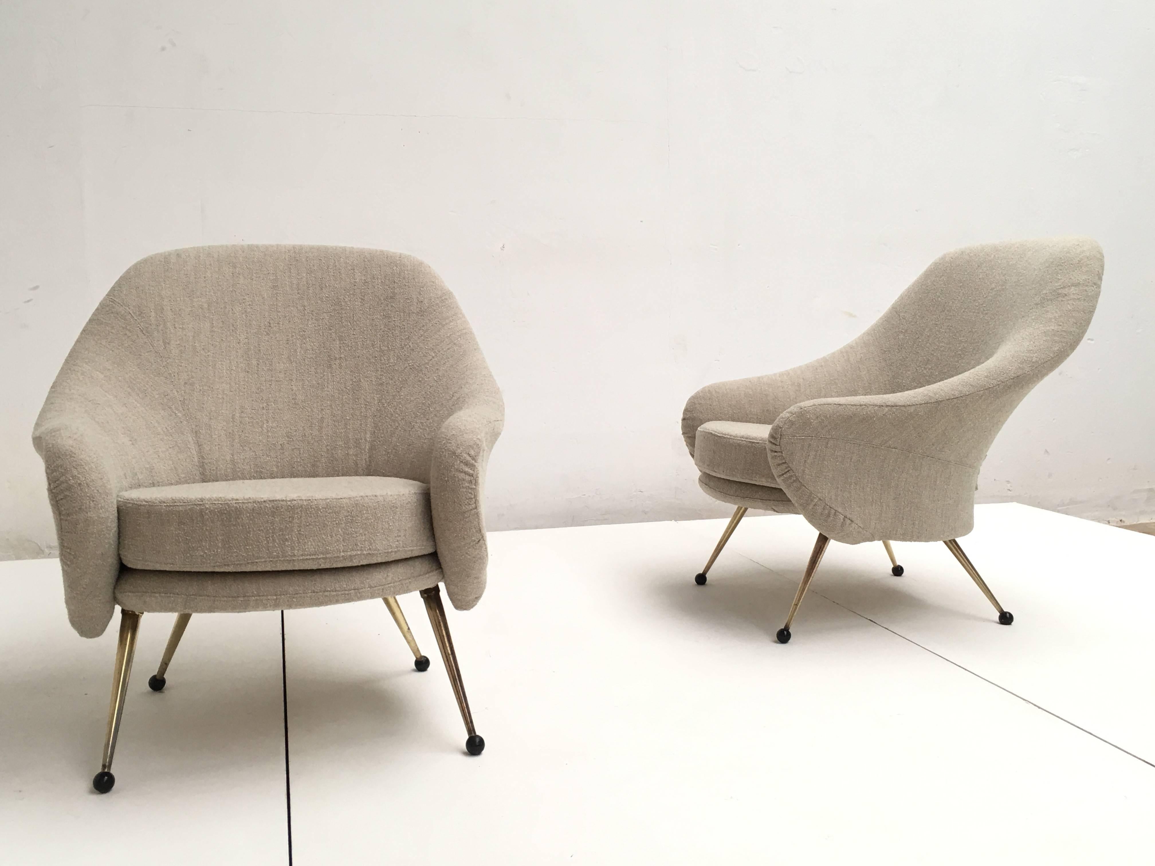Lovely pair of restored 'Martingala' lounge chairs designed by Marco Zanuso in 1954, for Arflex Italy. These chairs feature elegant brass legs and completely restored upholstery, we managed to save the original, early production period, Arflex