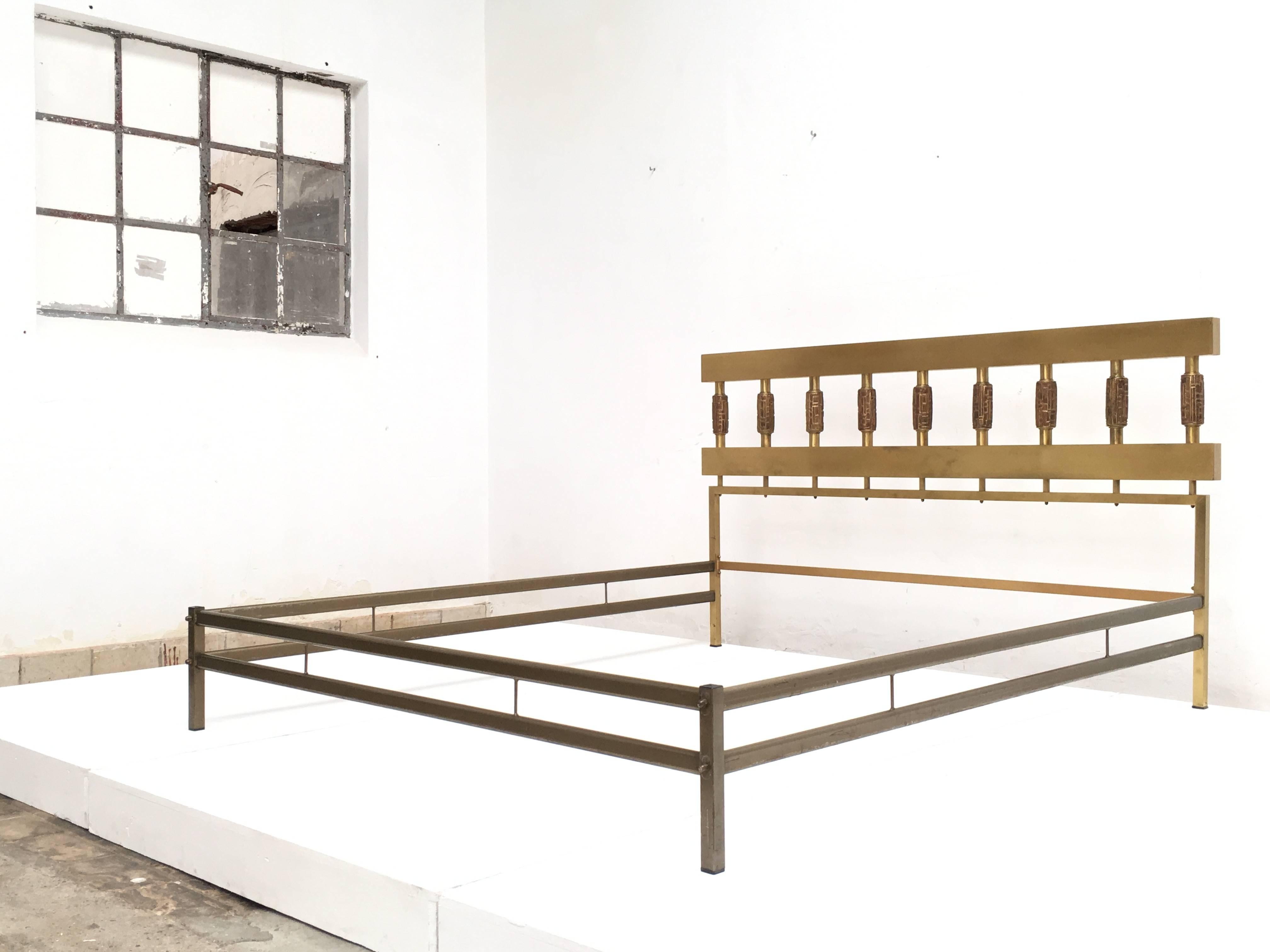 Mid-Century Modern Brass & Bronze Bed  with pair of  matching nightstands by Luciano Frigerio, 1970 For Sale