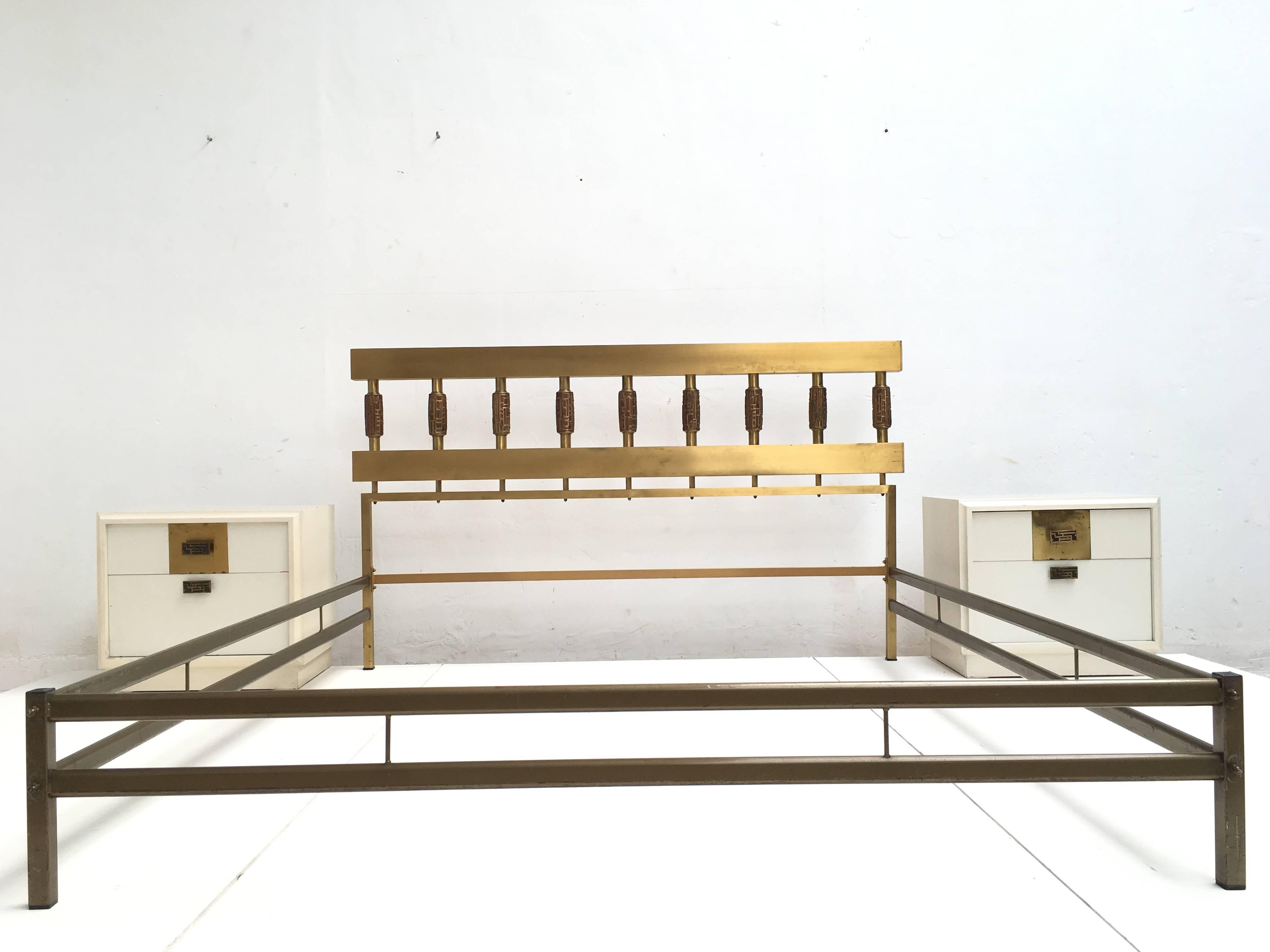 Italian Brass & Bronze Bed  with pair of  matching nightstands by Luciano Frigerio, 1970 For Sale