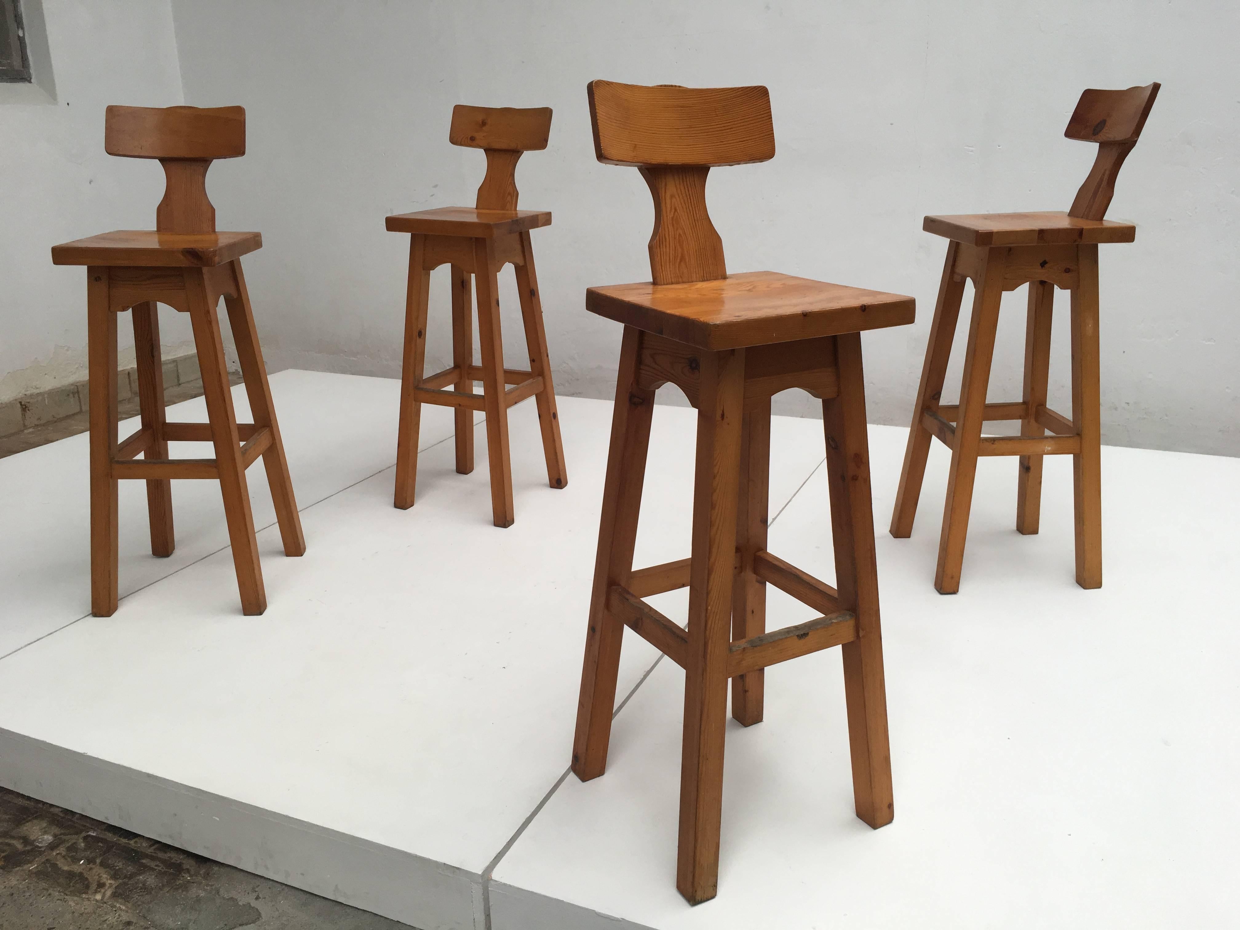 Late 20th Century Set of Four Scandinavian Solid Pine Wood Barstools, Style of Rainer Daumiller