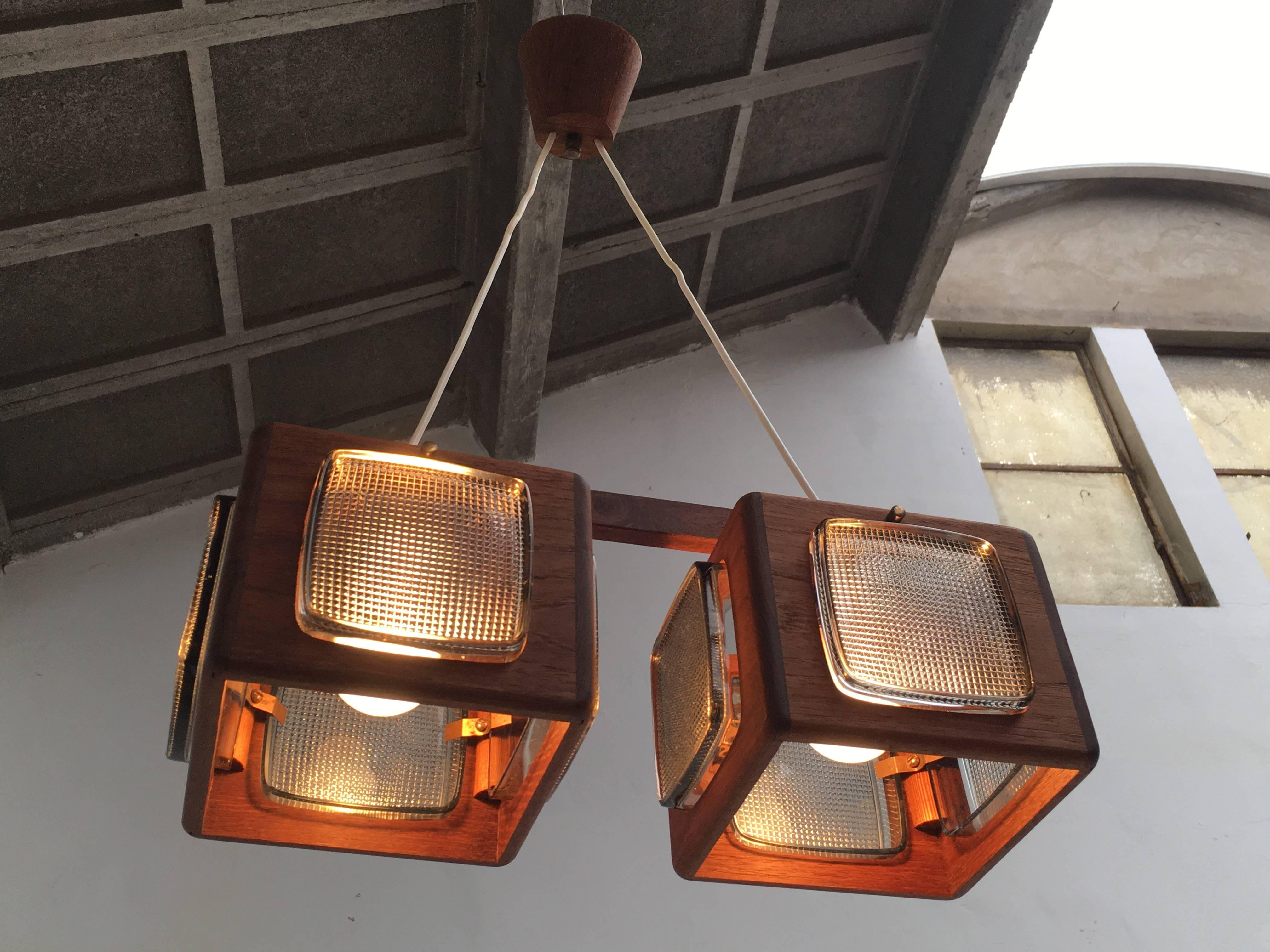 Mid-20th Century Cubic Vitrika Pendant Teak, Brass and Orrefors Glass, 1960s For Sale