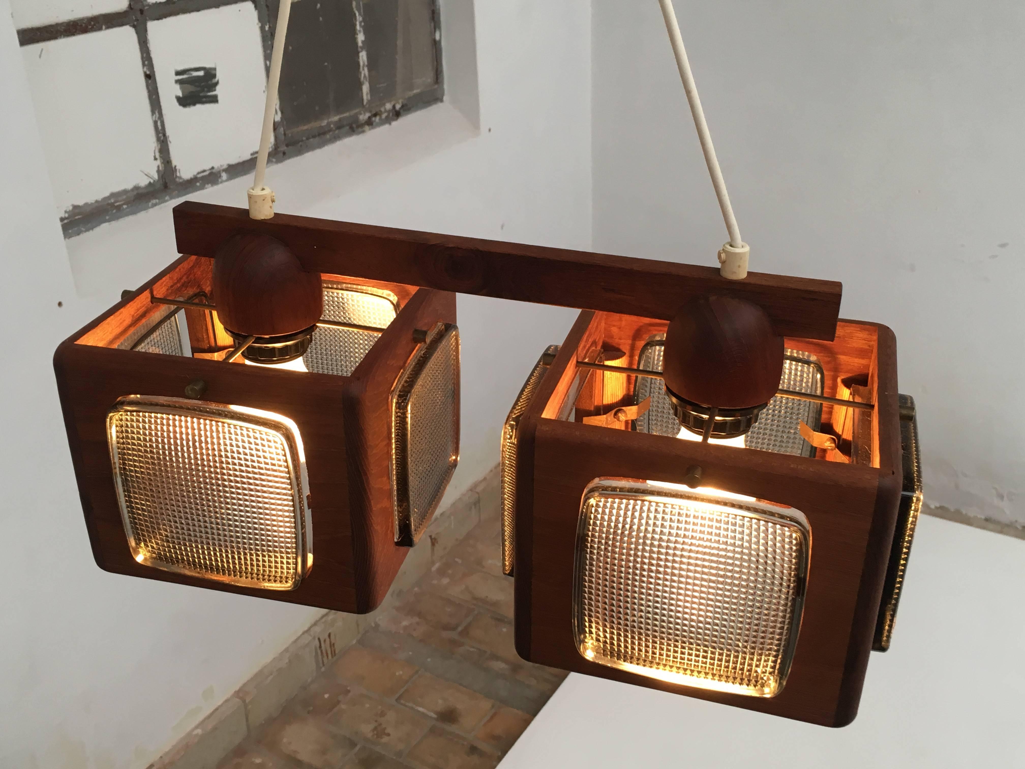 Cubic Vitrika Pendant Teak, Brass and Orrefors Glass, 1960s For Sale 1