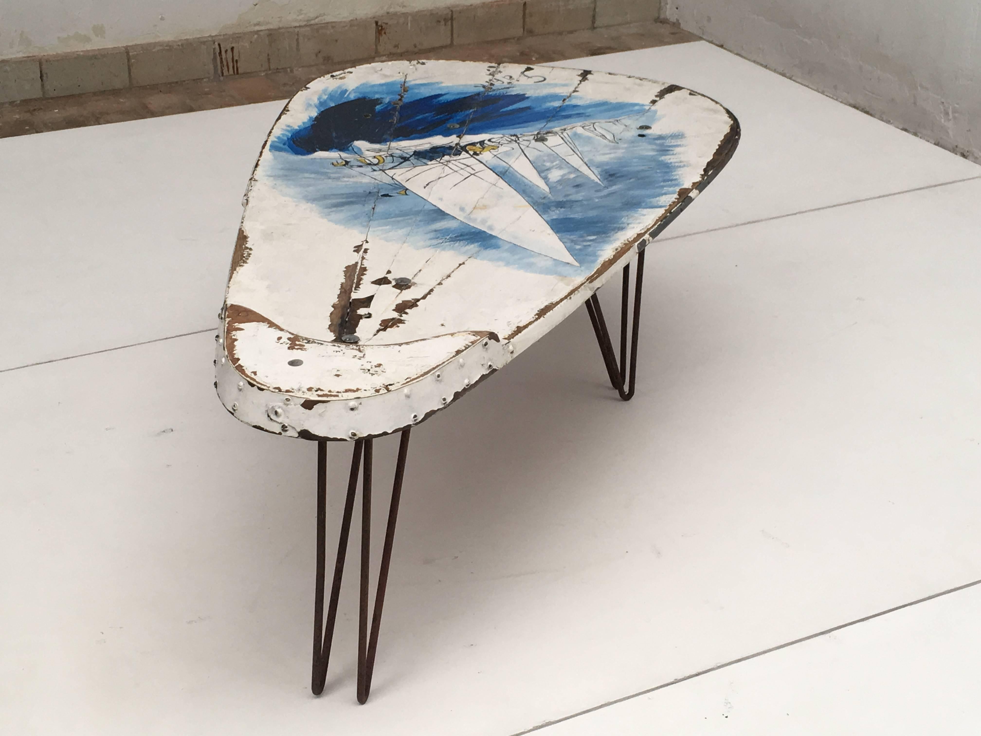 Mid-20th Century Unique Dutch Historical Sailing Boat Oak 'Keel' Coffee Table with Artwork Top