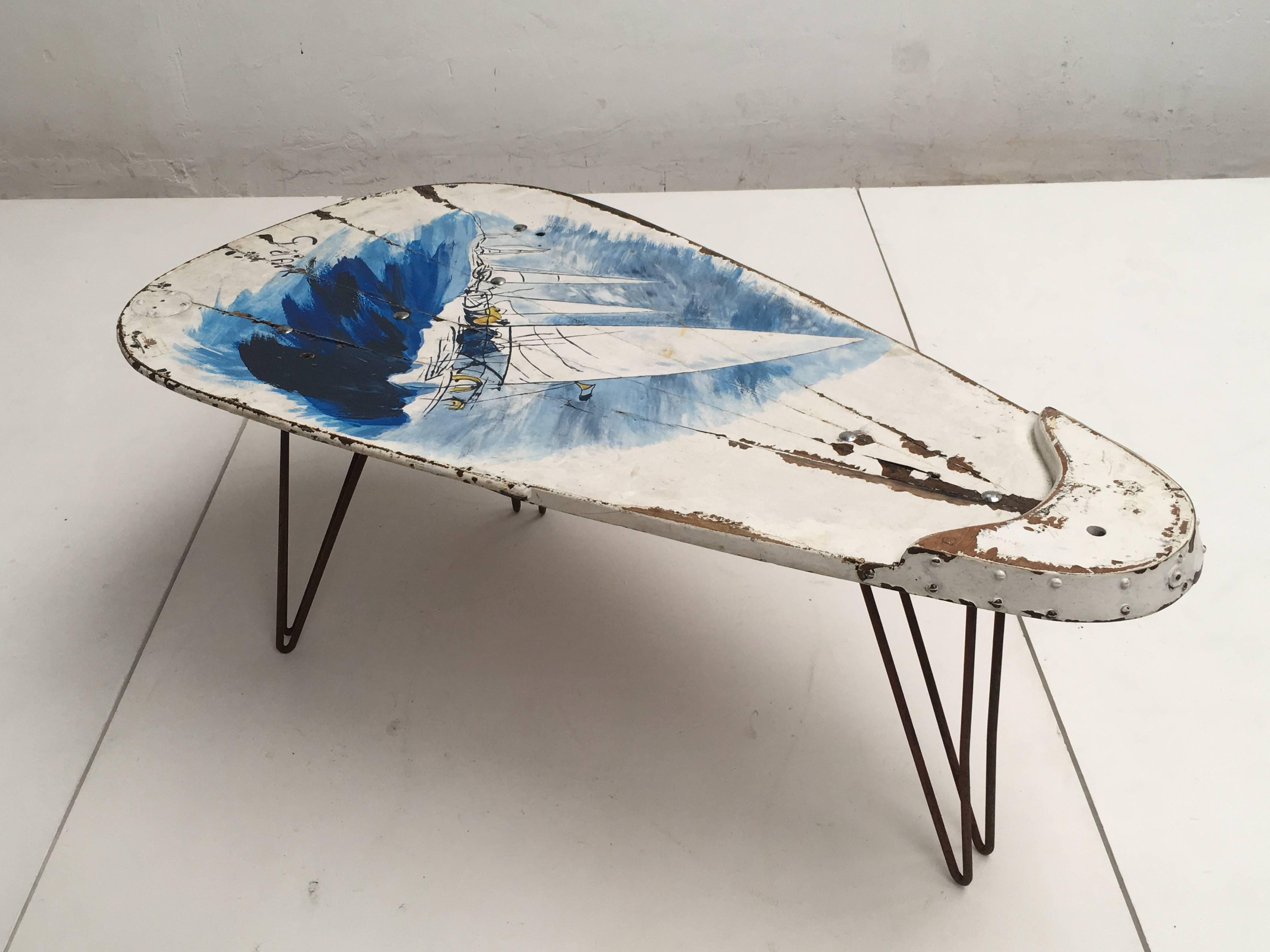 Mid-Century Modern Unique Dutch Historical Sailing Boat Oak 'Keel' Coffee Table with Artwork Top