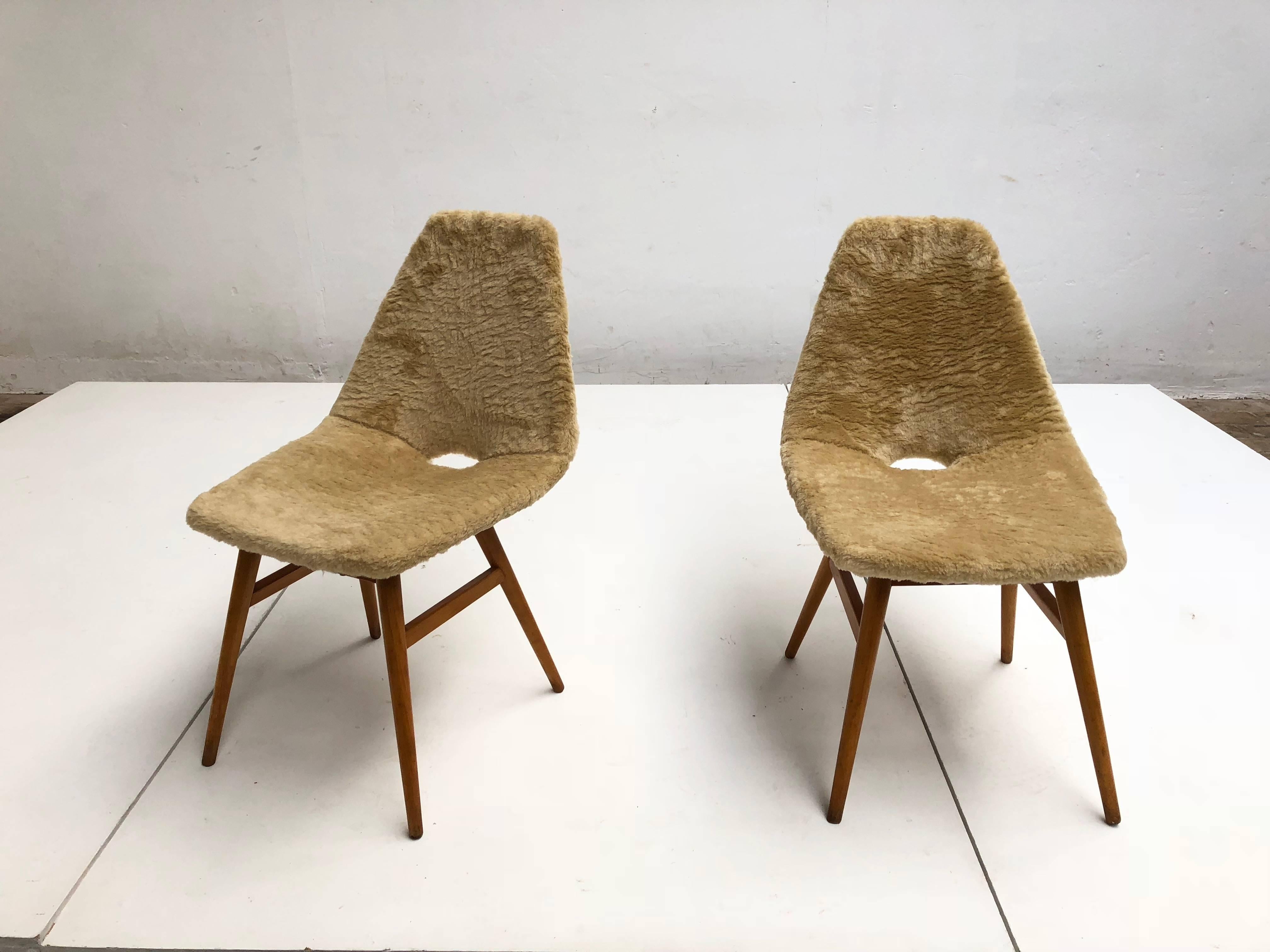 Faux Fur Pair of Side Chairs by Judit Burian & Erika Szek Hungary, circa 1959 For Sale