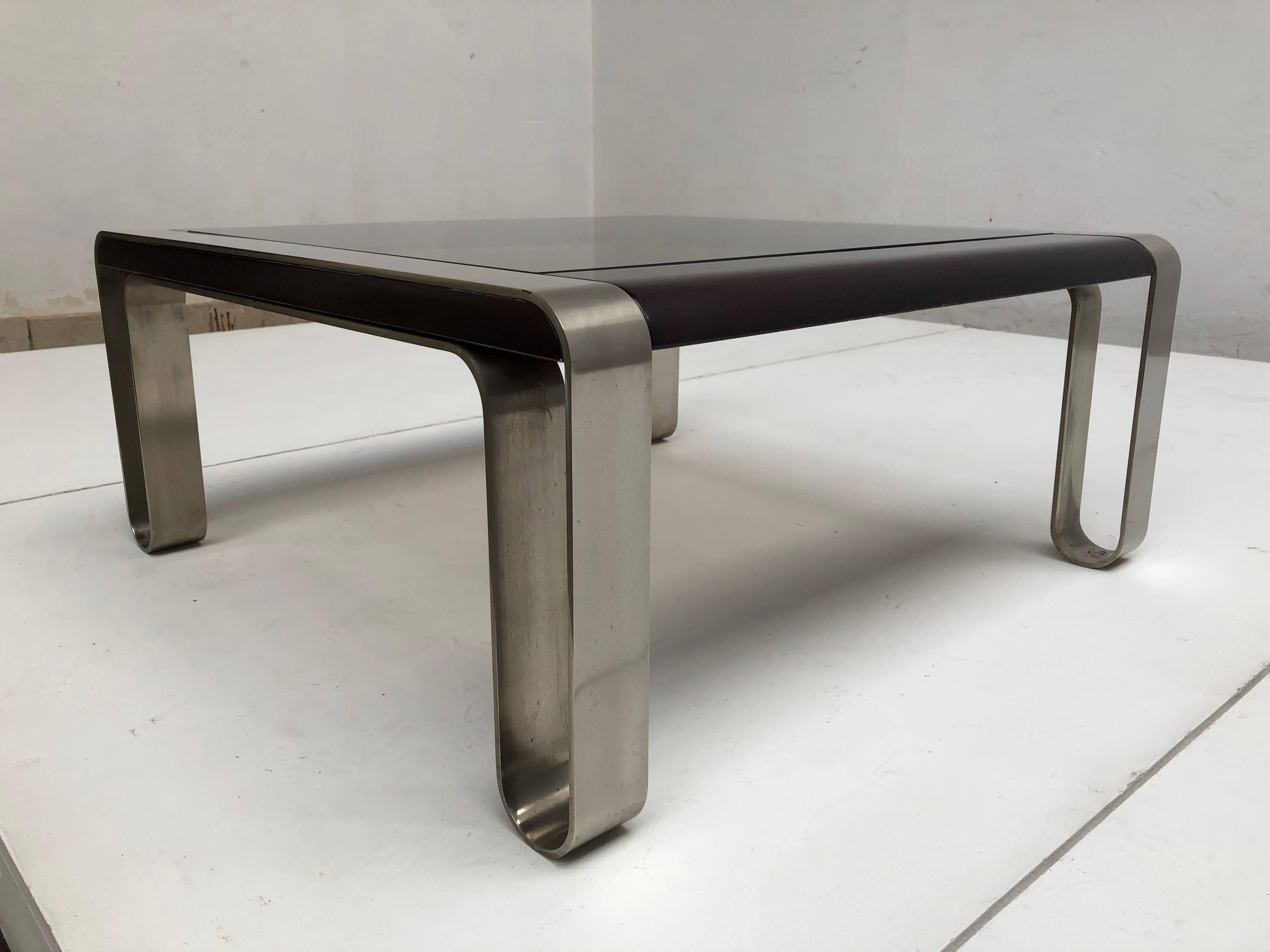 Italian, 1970s Sculptural Coffee or Side Table Nickel-Plated Steel, Wood & Glass For Sale 2