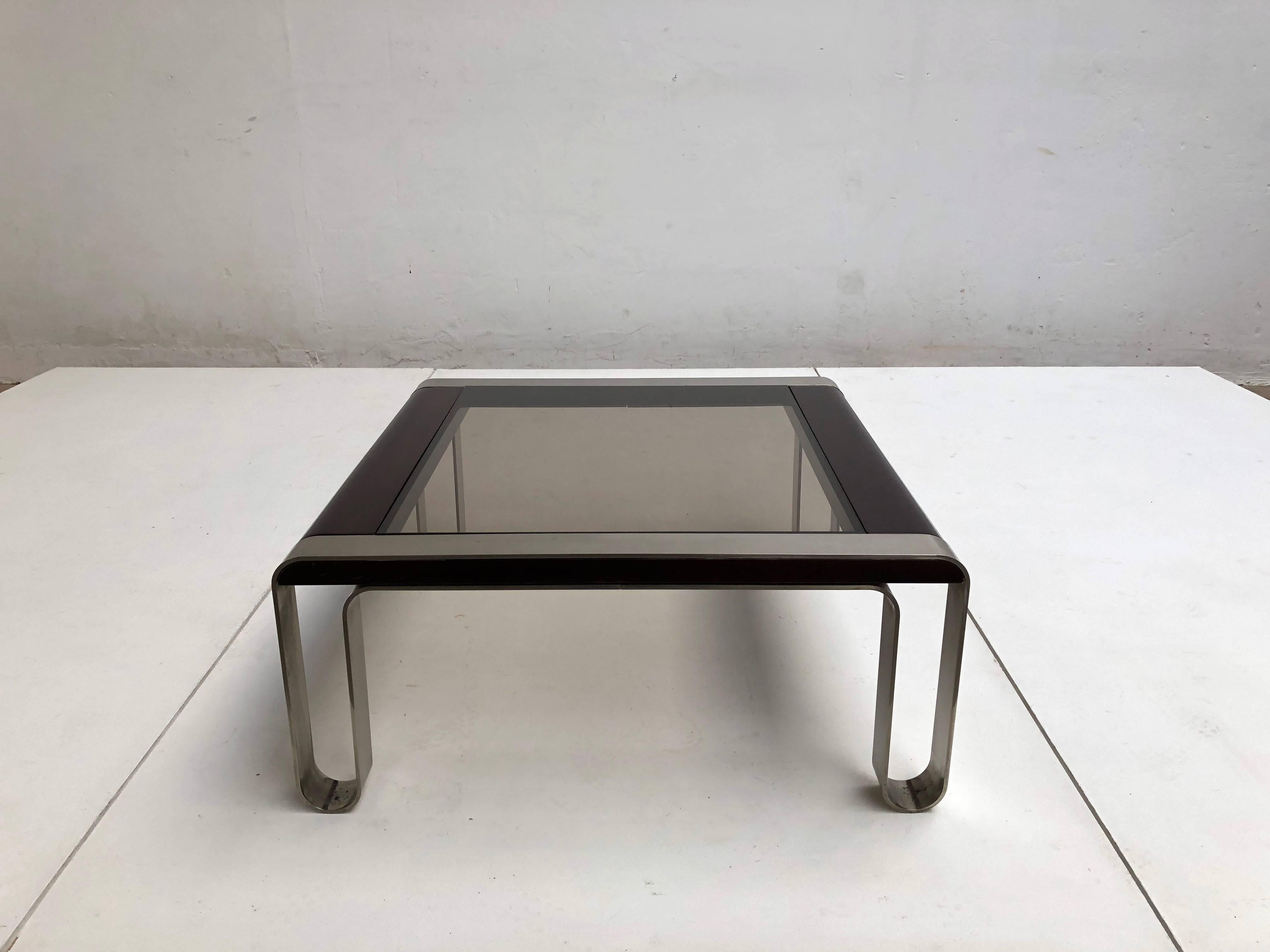 Late 20th Century Italian, 1970s Sculptural Coffee or Side Table Nickel-Plated Steel, Wood & Glass For Sale