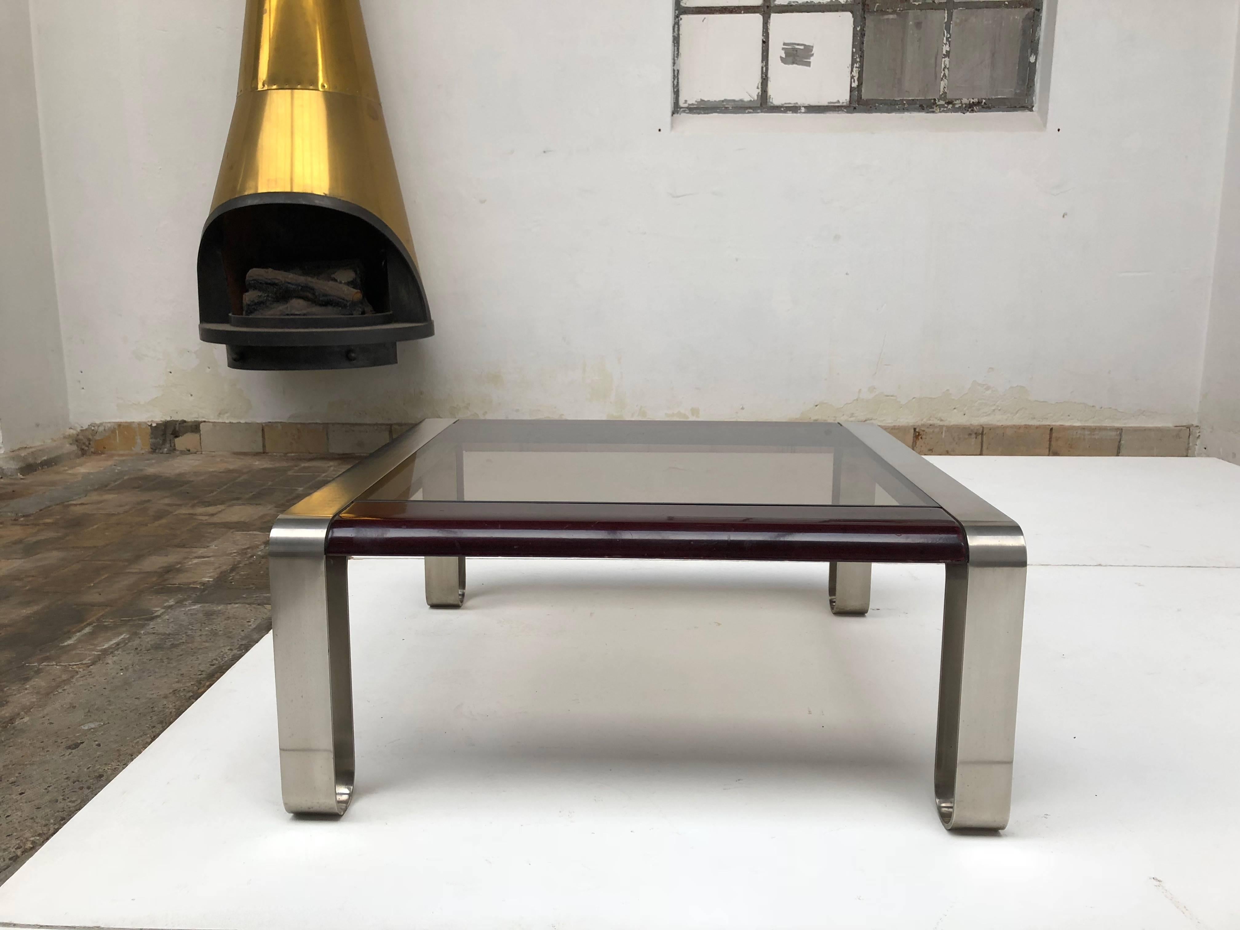 Lacquered Italian, 1970s Sculptural Coffee or Side Table Nickel-Plated Steel, Wood & Glass For Sale