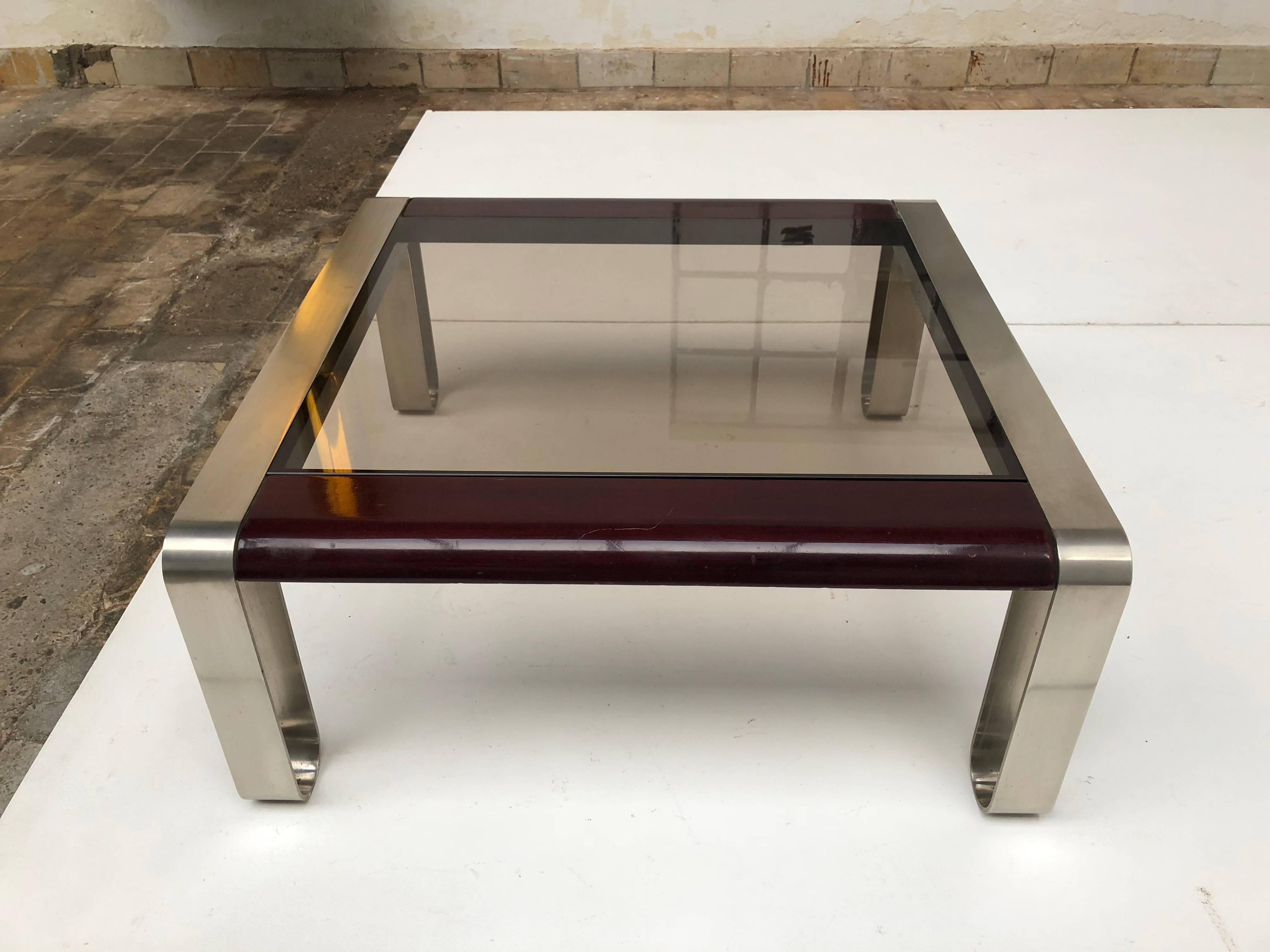 Hardwood Italian, 1970s Sculptural Coffee or Side Table Nickel-Plated Steel, Wood & Glass For Sale