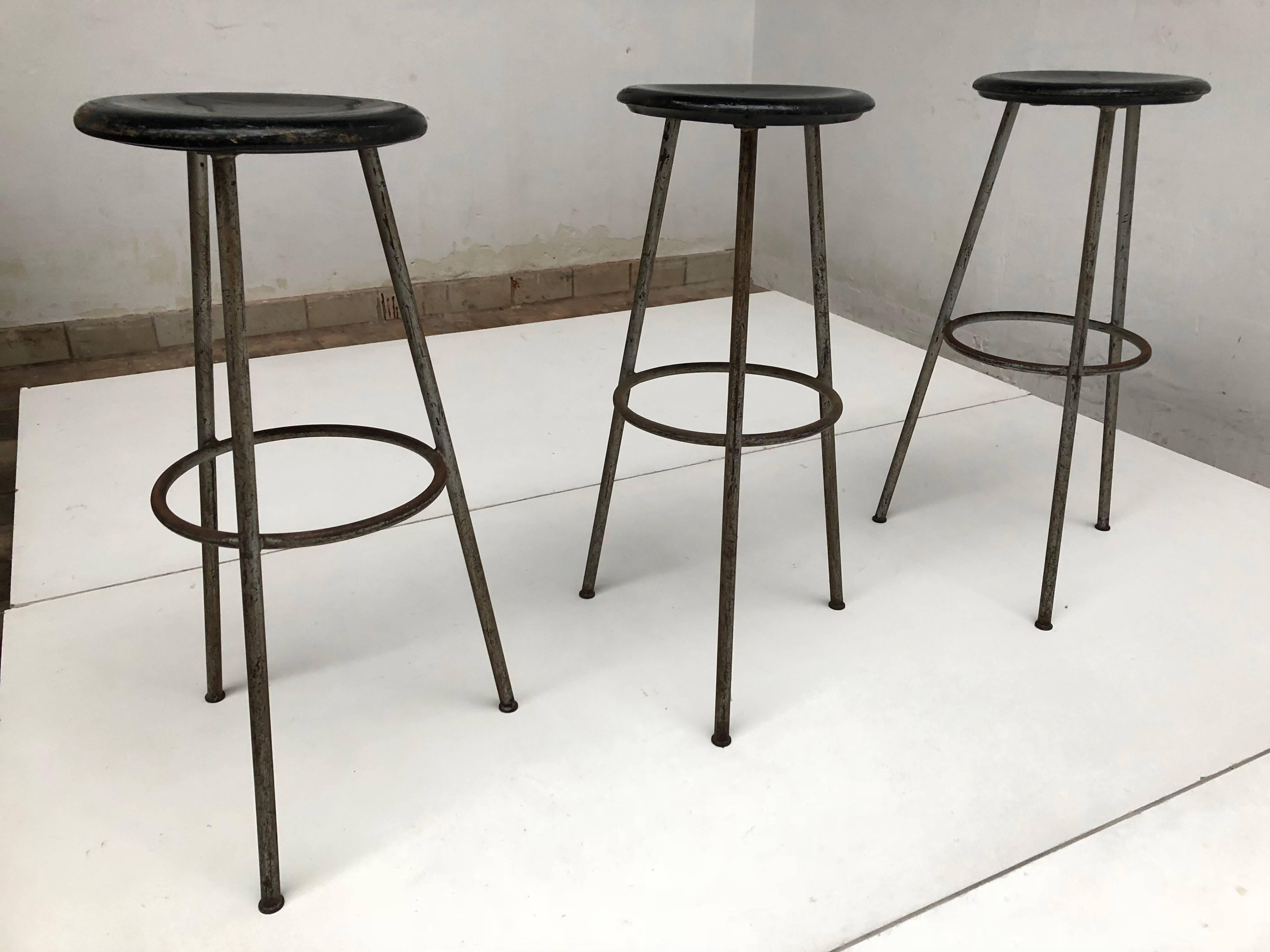 Wood 1950s Swiss Industrial Confection Atelier Tripod Working / Bar Stools