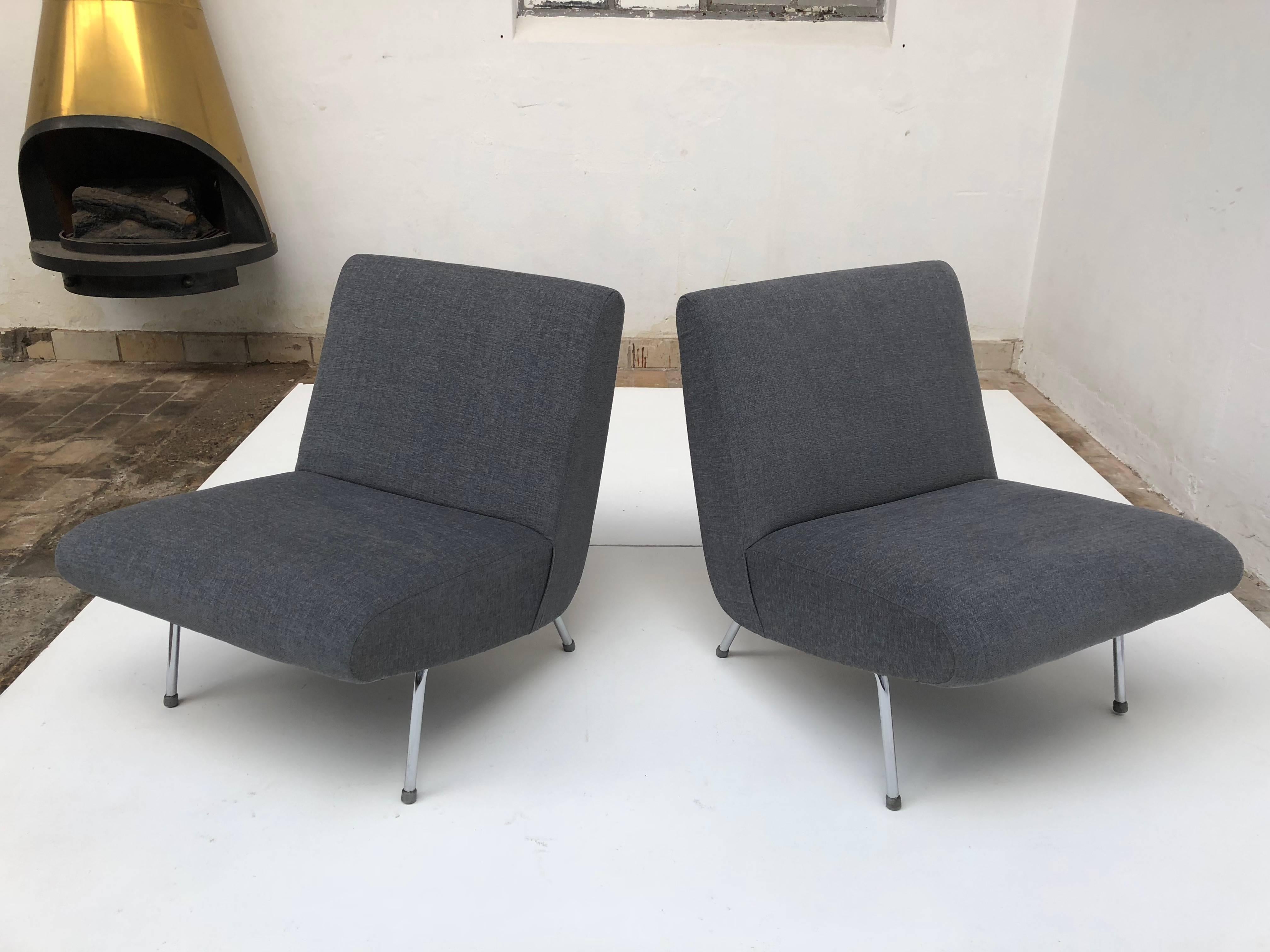 Steel Pierre Guariche Model 'Breda' Lounge Chairs for Meurop, 1960s, New Upholstery!