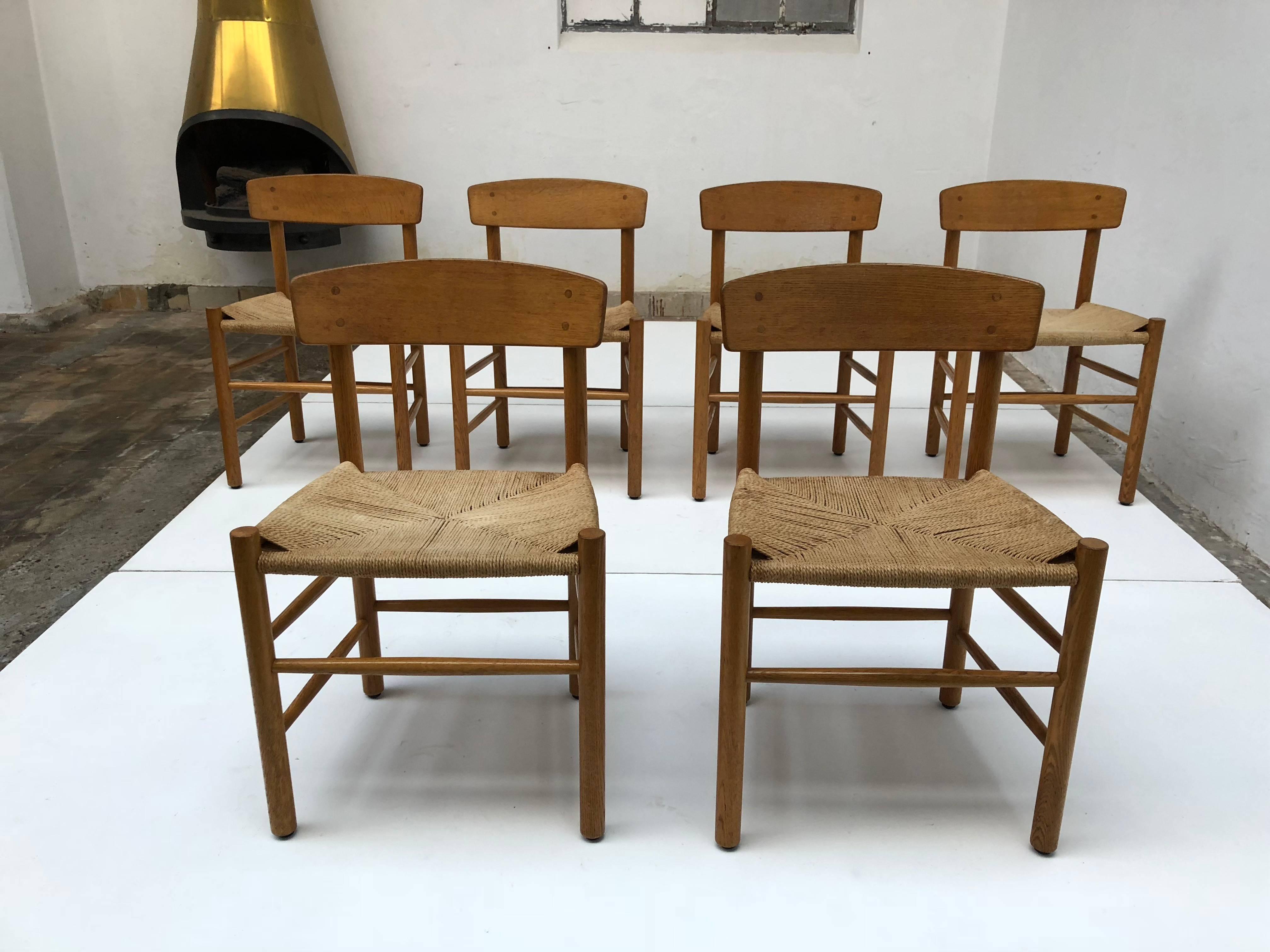 Set of Six Borge Mogensen J39 Shaker Oak and Papercord Dining Chairs, Denmark 1