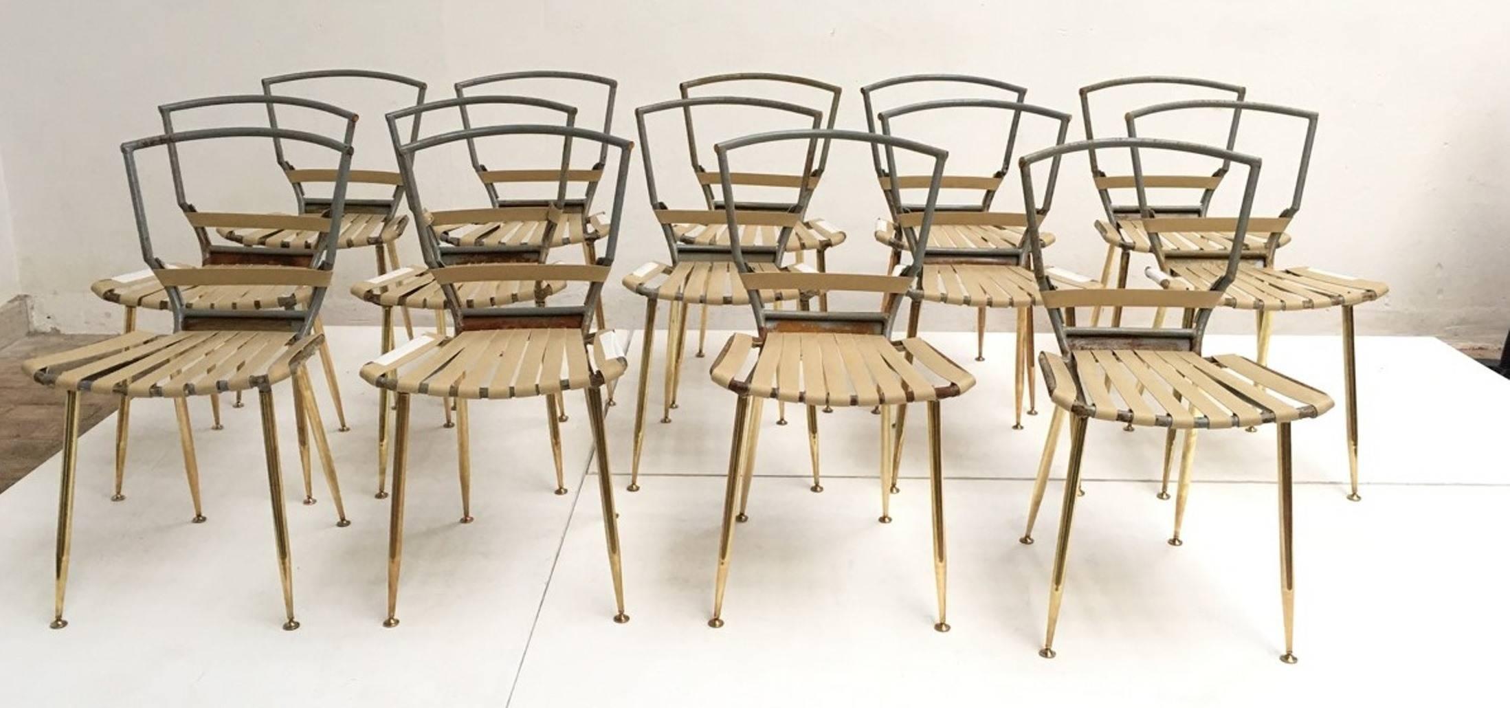 Mid-Century Modern 14 Louis Sognot Dining Chairs, Brass Legs, 1959, Arflex, PRICE INCLUDES RESTORATION