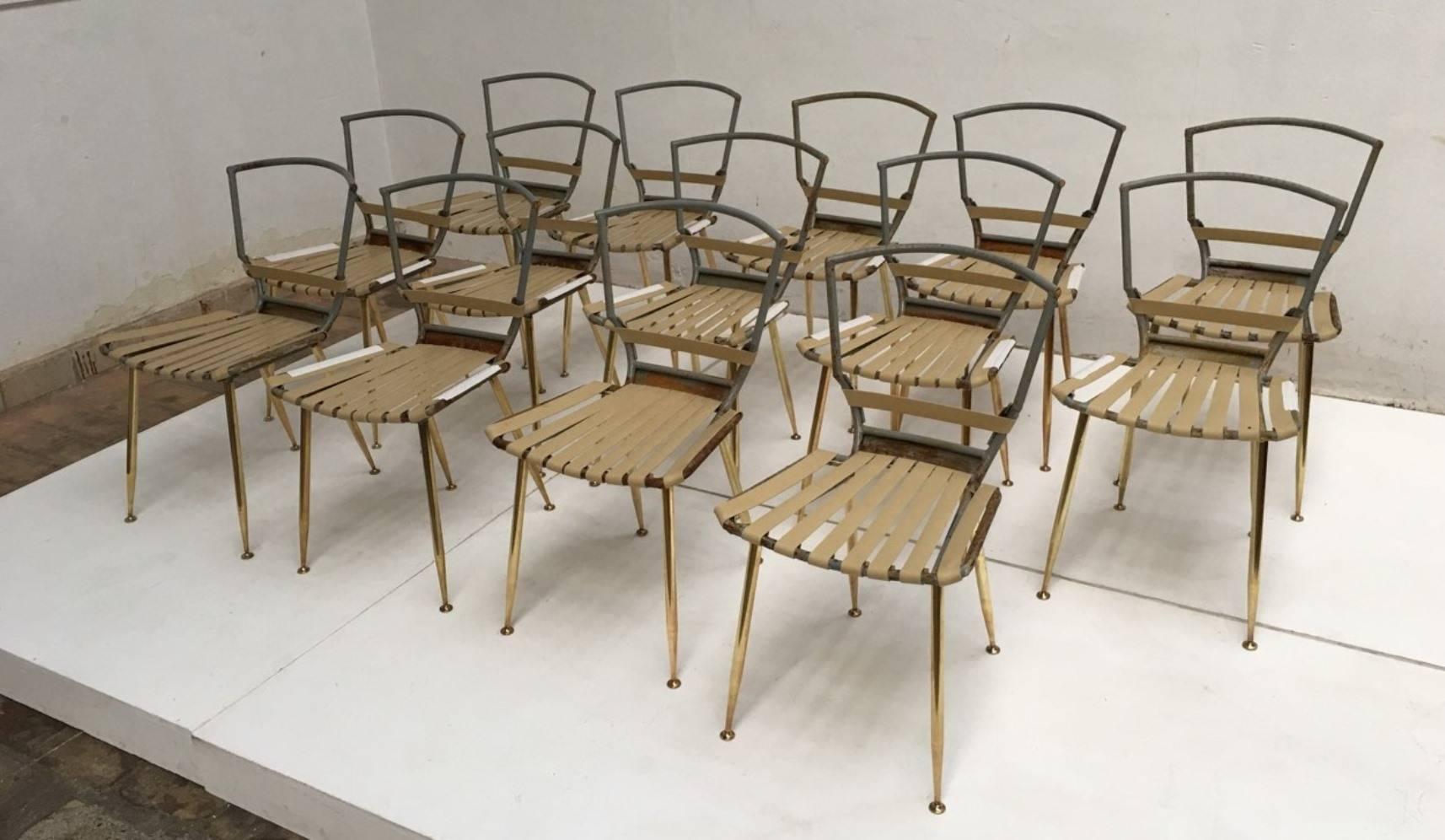 14 Louis Sognot Dining Chairs, Brass Legs, 1959, Arflex, PRICE INCLUDES RESTORATION 1