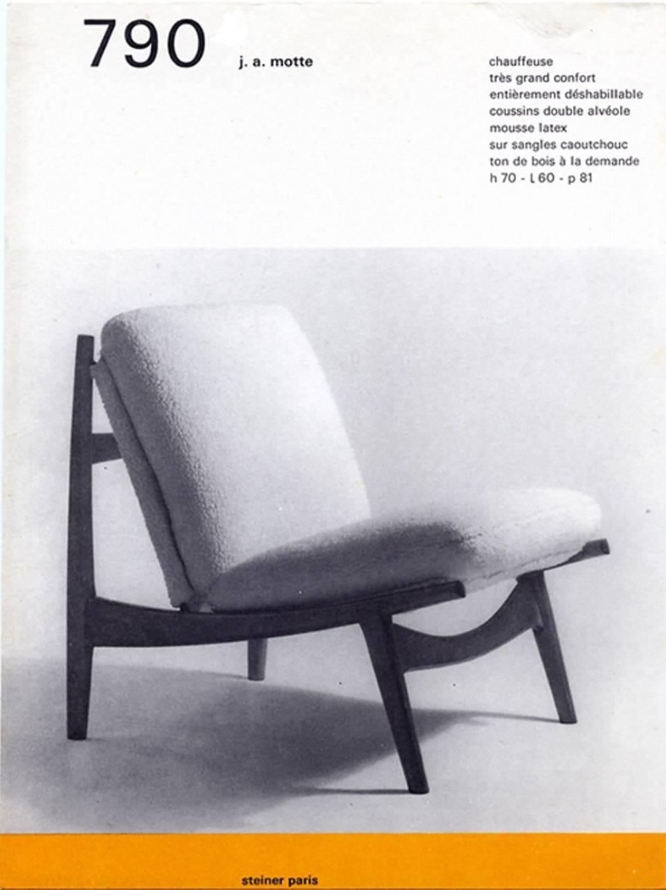 Magnifique chaise longue de forme organique:: modèle '790':: conçue par Joseph Andre Motte (1925-2013) pour Steiner:: France:: en 1960. 

Cette chaise a été restaurée de manière fonctionnelle en récupérant la vieille et rare garniture en laine