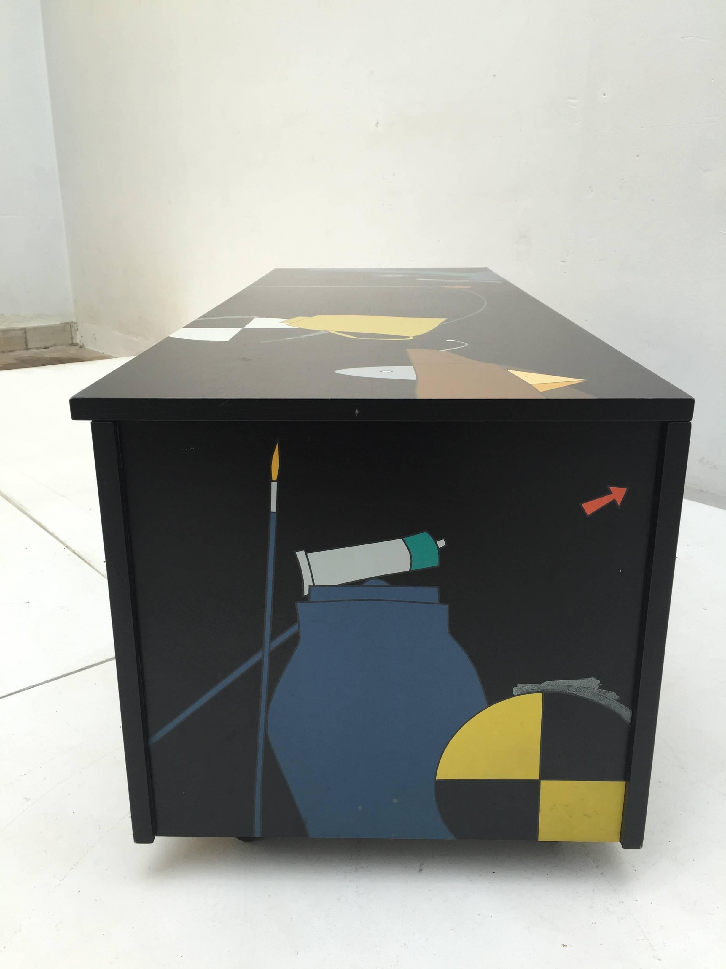 Wood Amazing Serigraphed Cabinet by Artist Emilio Tadini, Published Casa Vogue For Sale