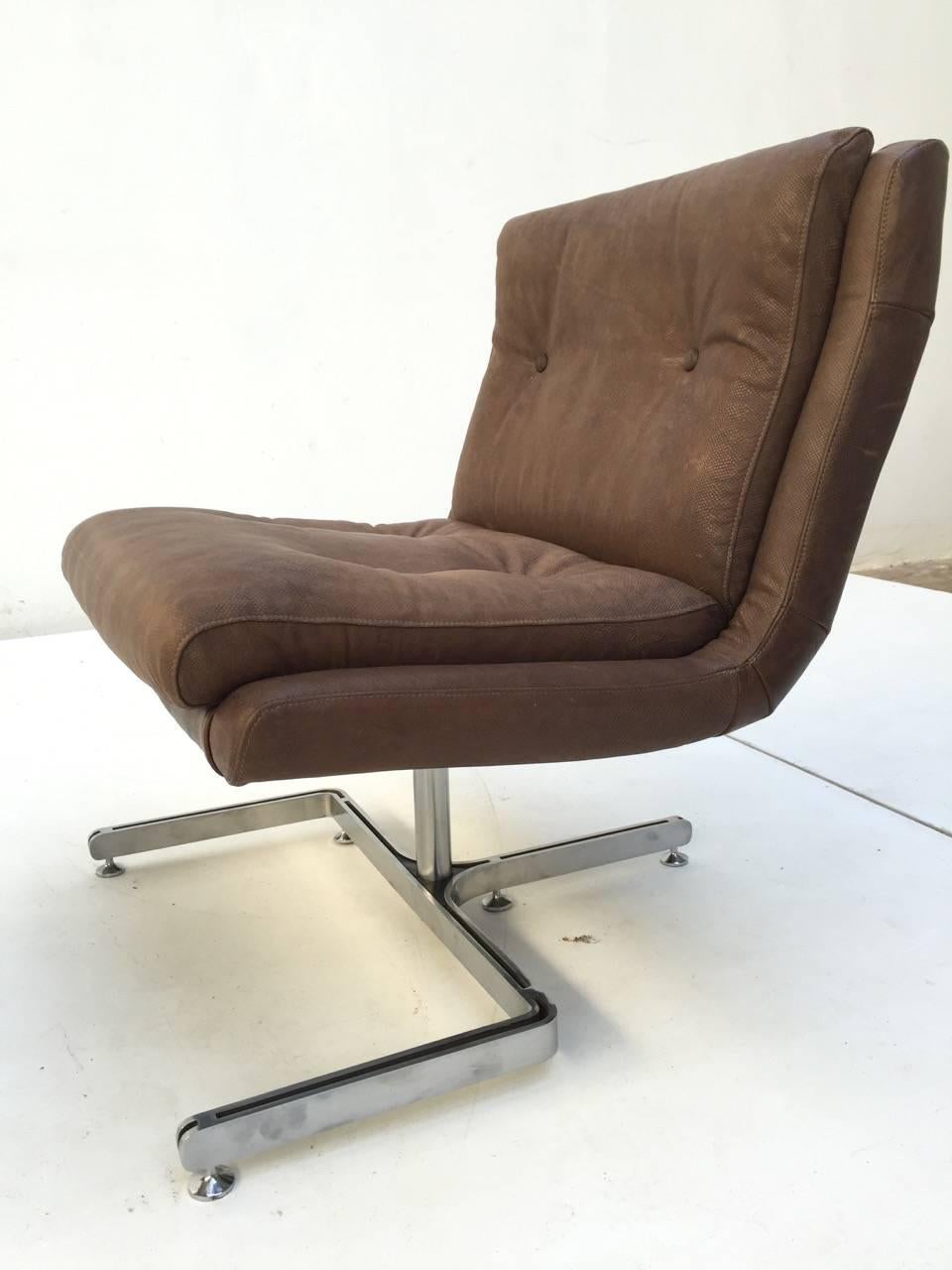 Chrome Pair of Restored, Leather Lounge Chairs by 'Raphael', 1973, France Published For Sale