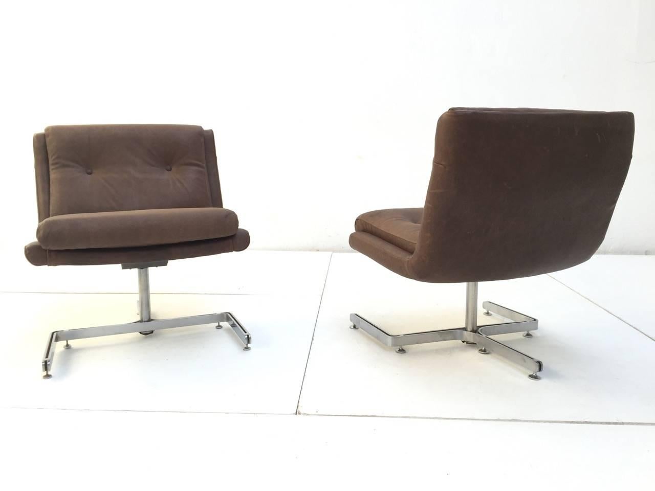 French Pair of Restored, Leather Lounge Chairs by 'Raphael', 1973, France Published For Sale