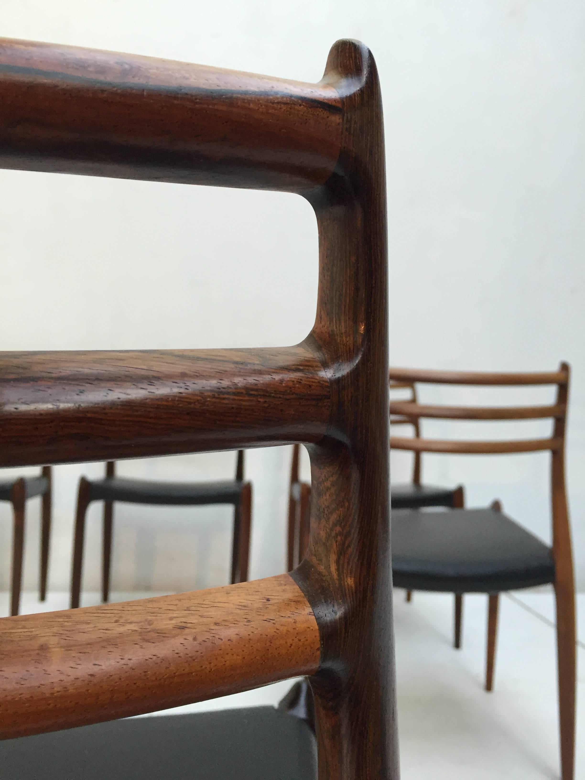 Scandinavian Modern 6 Danish Rio Rosewood and Leather No. 78 Dining Chairs by Niels O. Moller, 1962