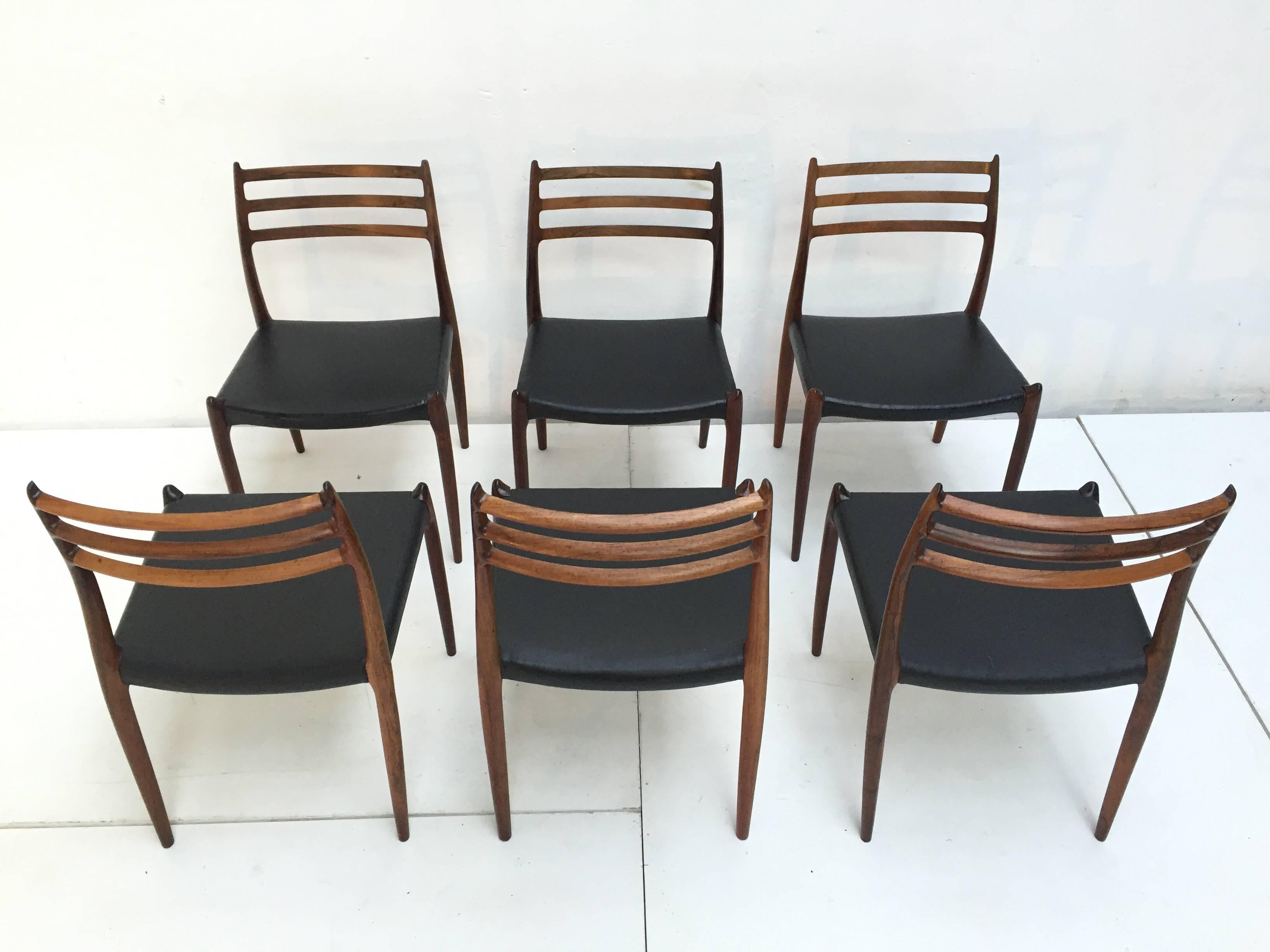 Carved 6 Danish Rio Rosewood and Leather No. 78 Dining Chairs by Niels O. Moller, 1962