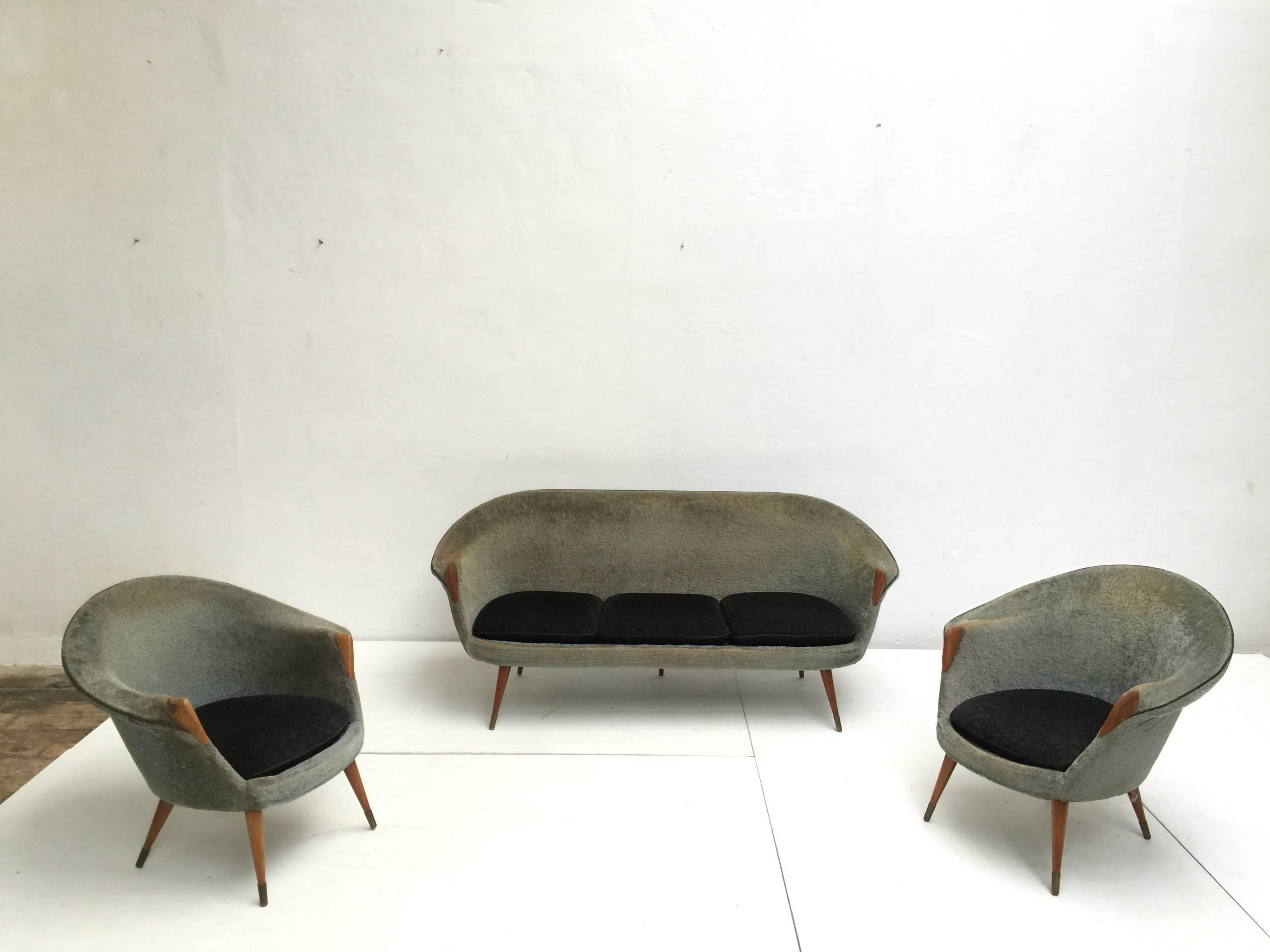 1950s Wool Brass and Teak Danish Sofa and Easy Chairs Attributed to Nanna Ditzel 4