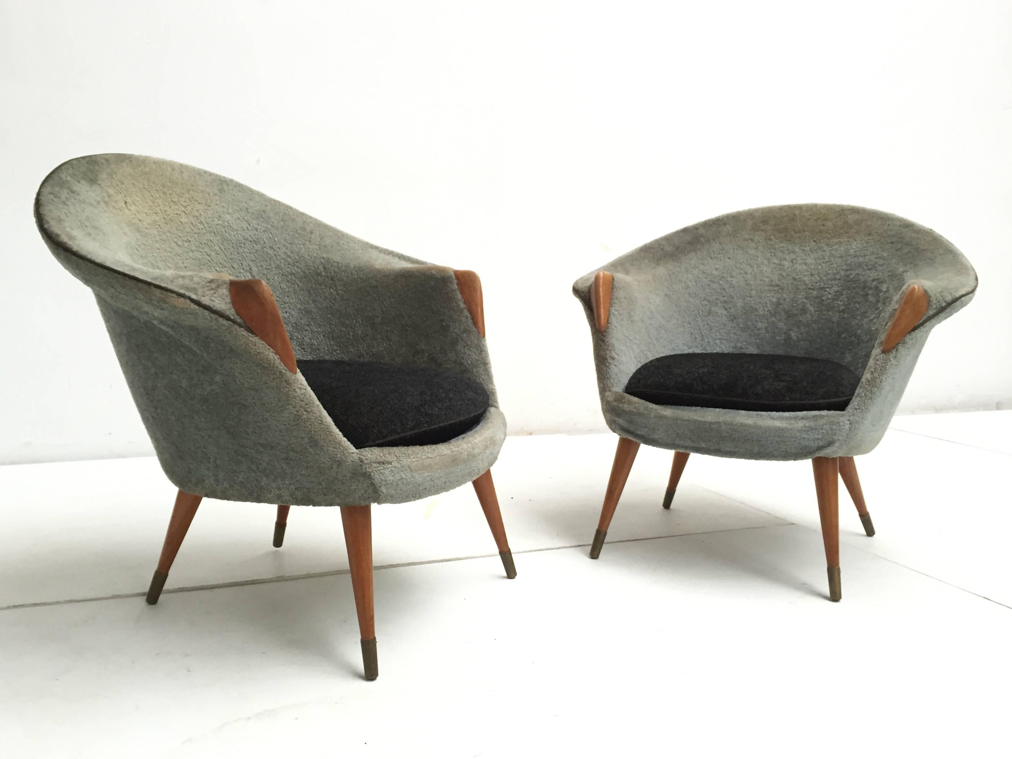 Scandinavian Modern 1950s Wool Brass and Teak Danish Sofa and Easy Chairs Attributed to Nanna Ditzel