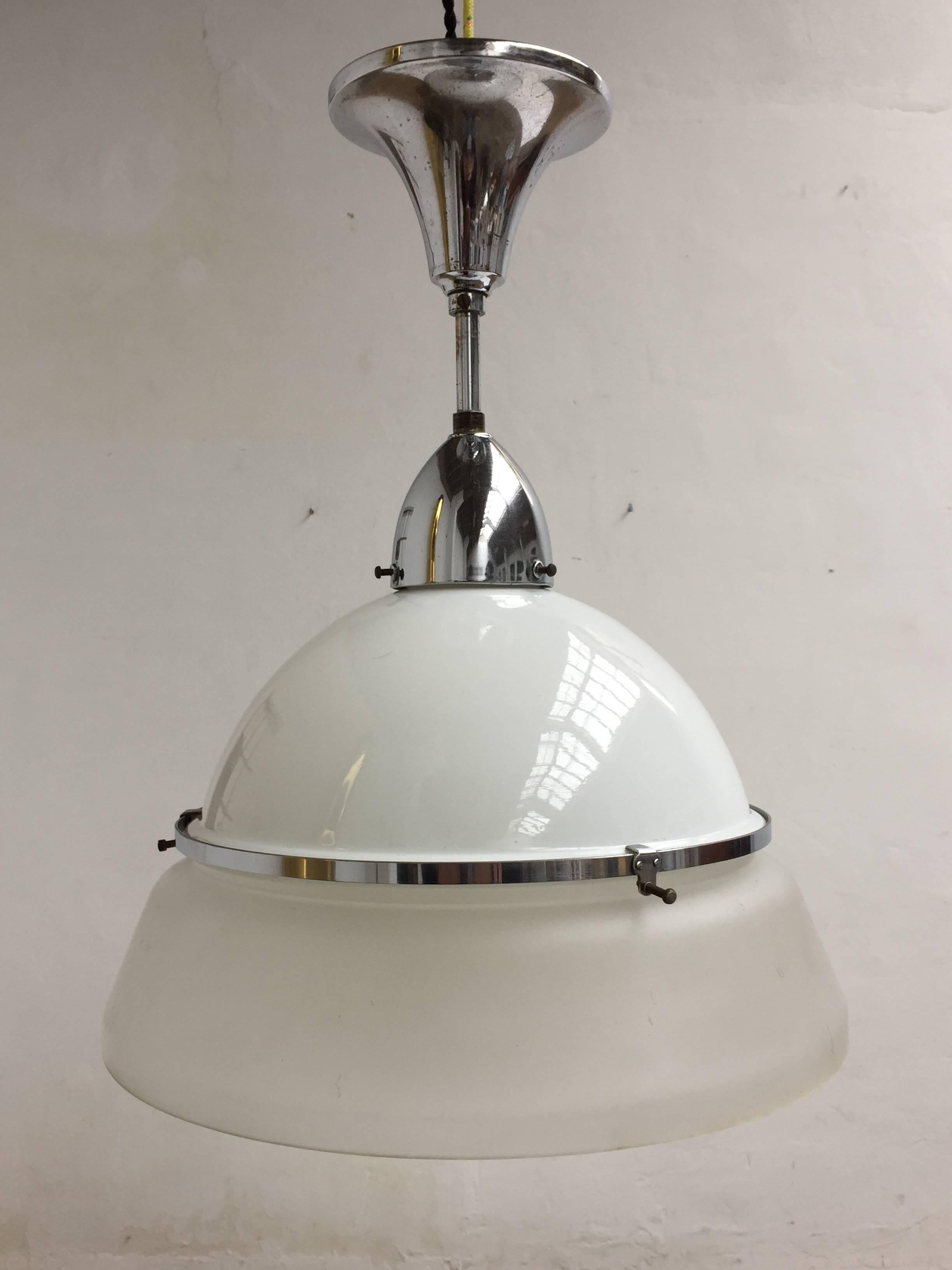 French Art Deco Satin Glass and Chromed Brass Pendant Lamp, 1920s In Good Condition In bergen op zoom, NL
