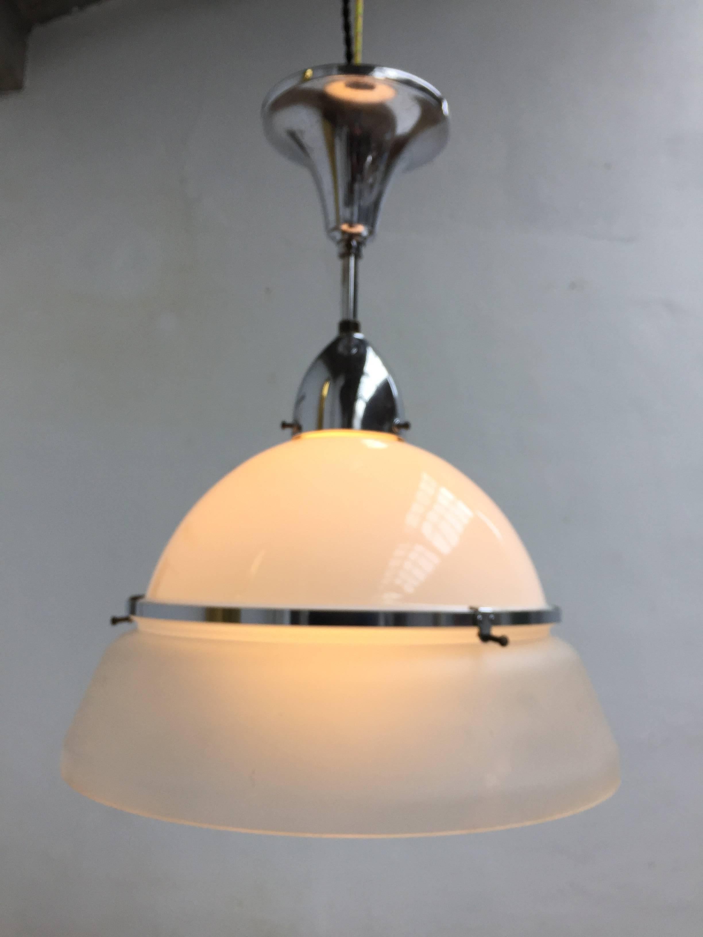 Frosted French Art Deco Satin Glass and Chromed Brass Pendant Lamp, 1920s