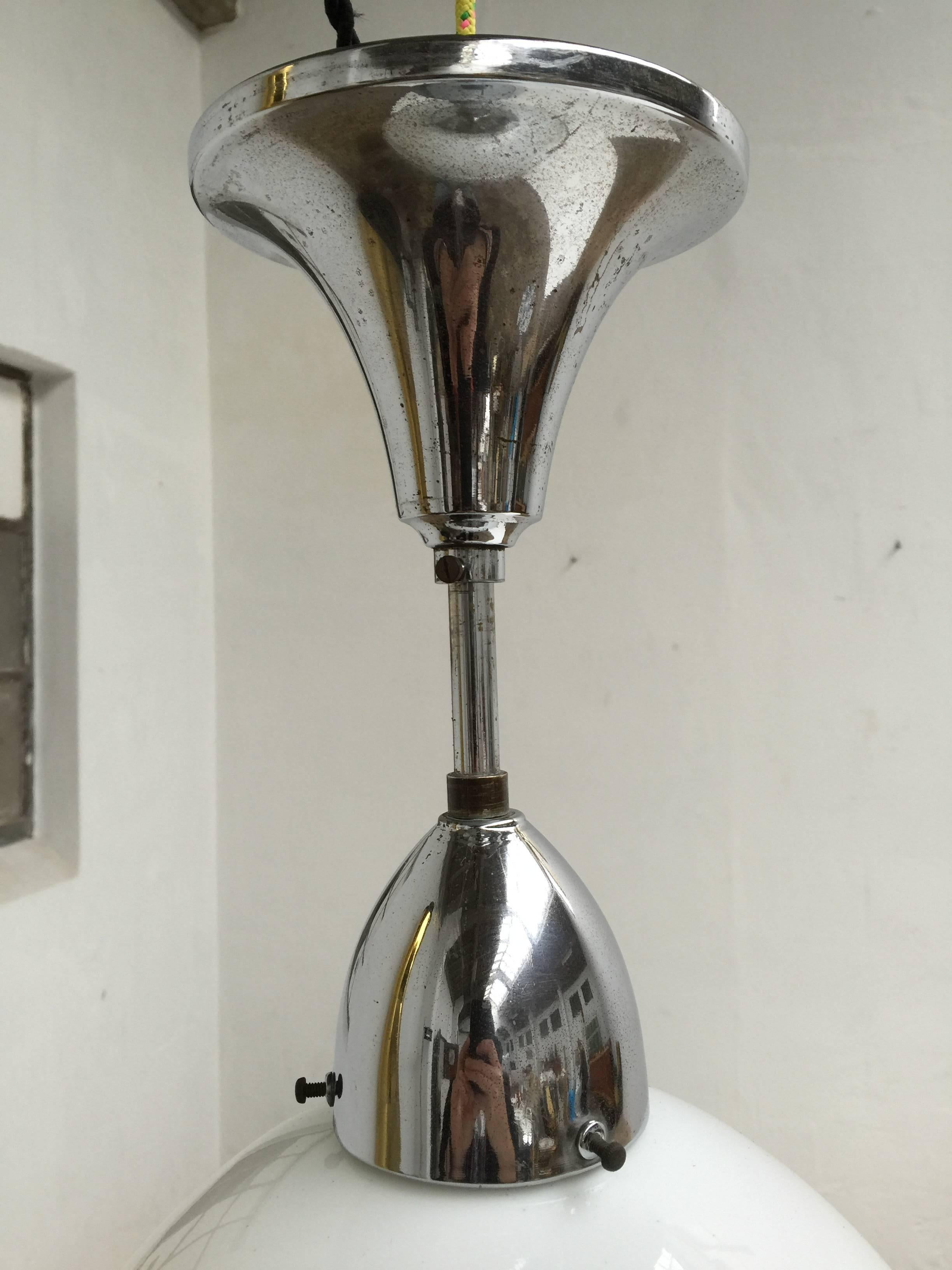 French Art Deco Satin Glass and Chromed Brass Pendant Lamp, 1920s 1