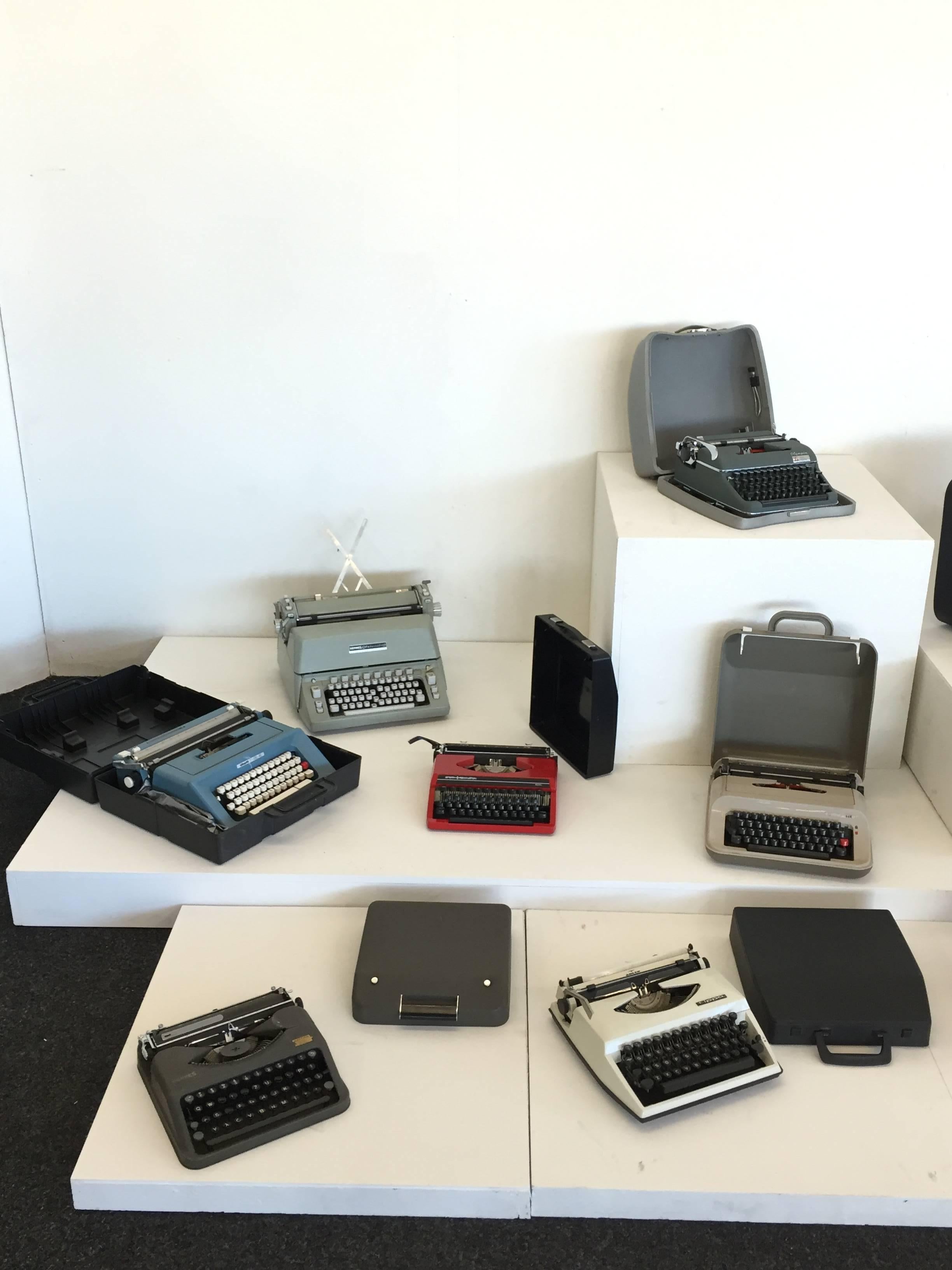 A stunning large collection of 15 different brand typewriters and two early calculators from Olivetti. The collection include some fine Swiss, German, Italian and British examples from the 1930s till 1970s: Hermes Olivetti Remington Olympia Adler
