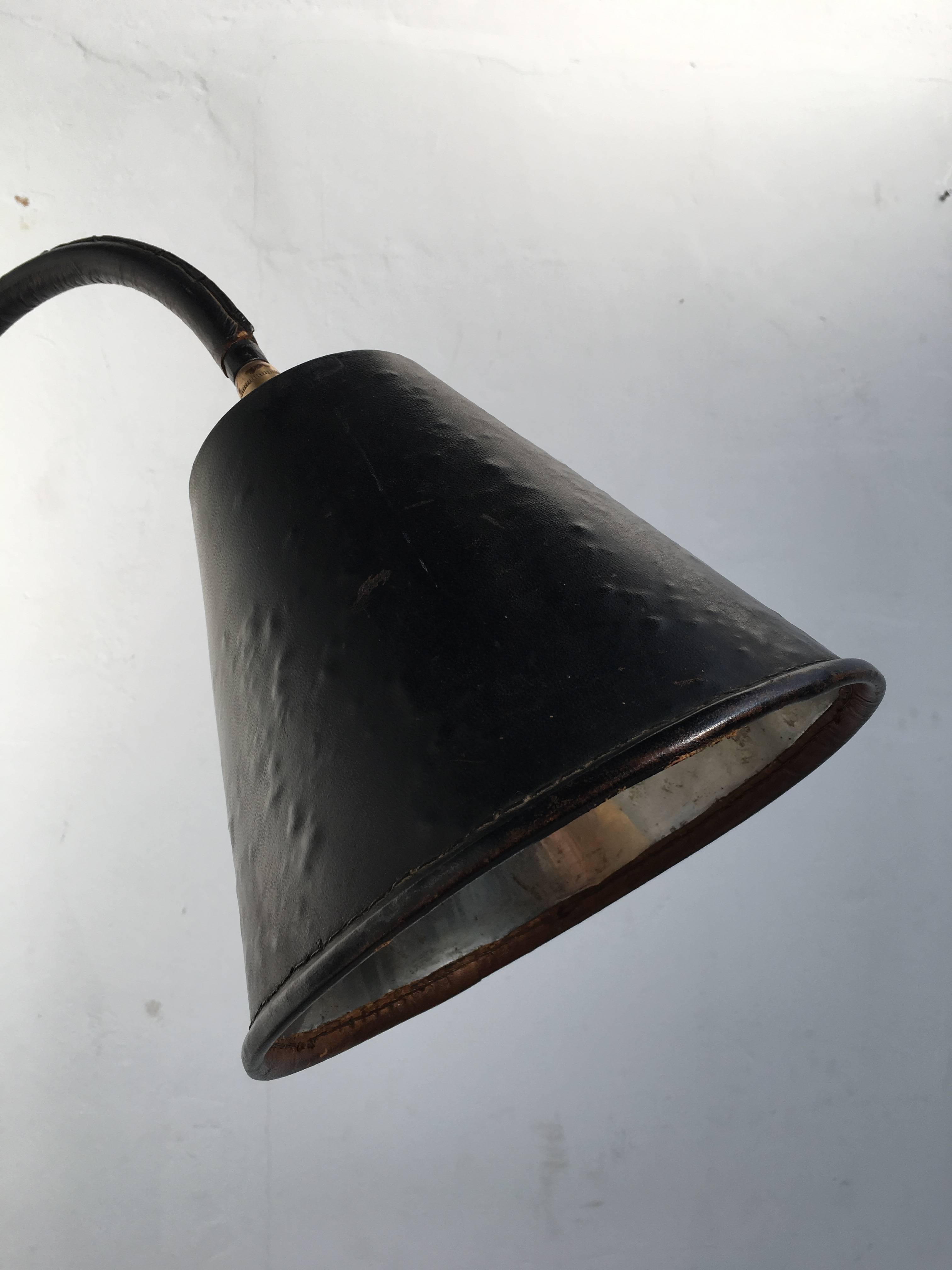 Aluminum Jacques Adnet Floor Lamp, Original Saddle Stitched Leather & Brass Details, 1950