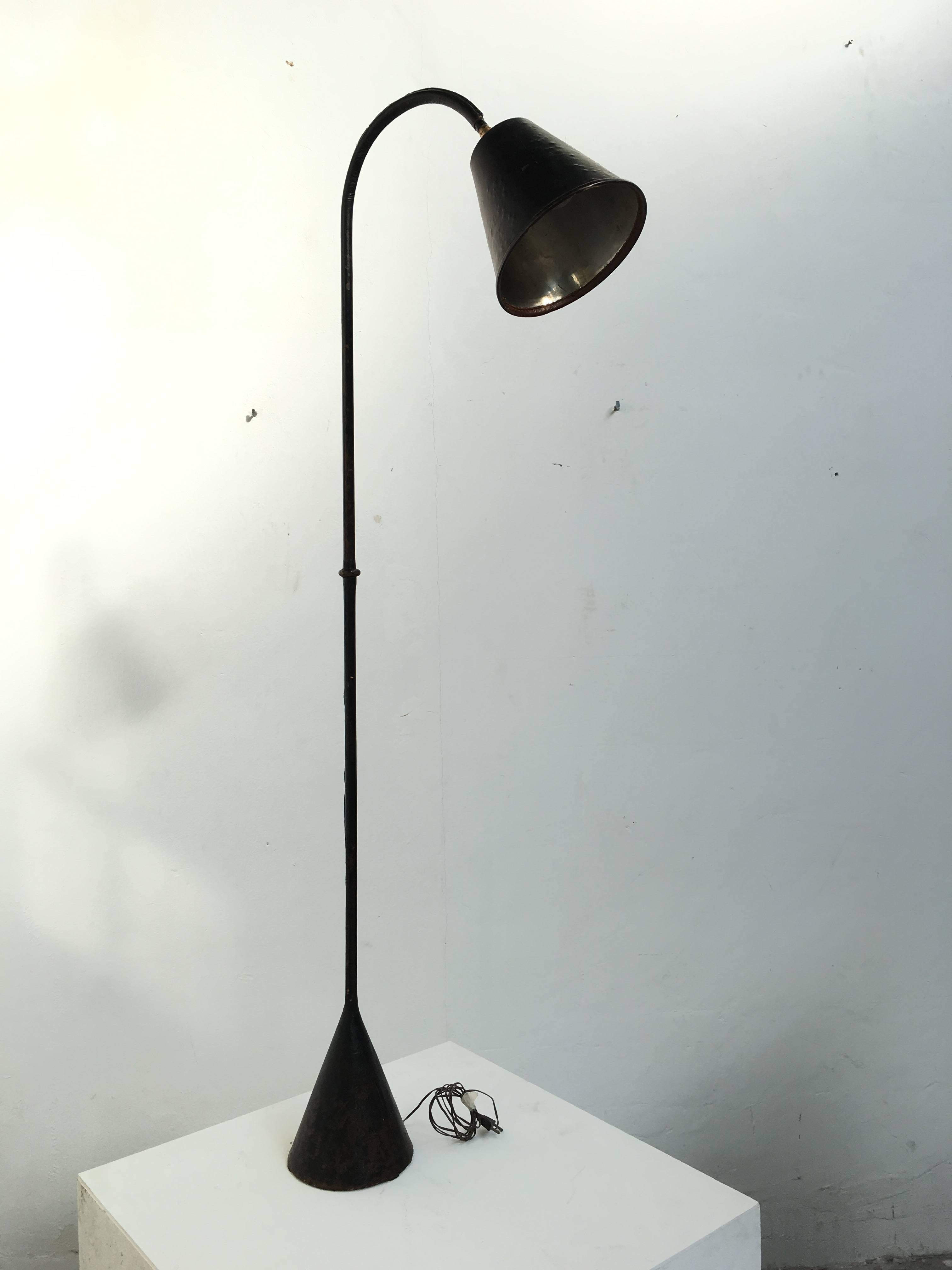 French Jacques Adnet Floor Lamp, Original Saddle Stitched Leather & Brass Details, 1950