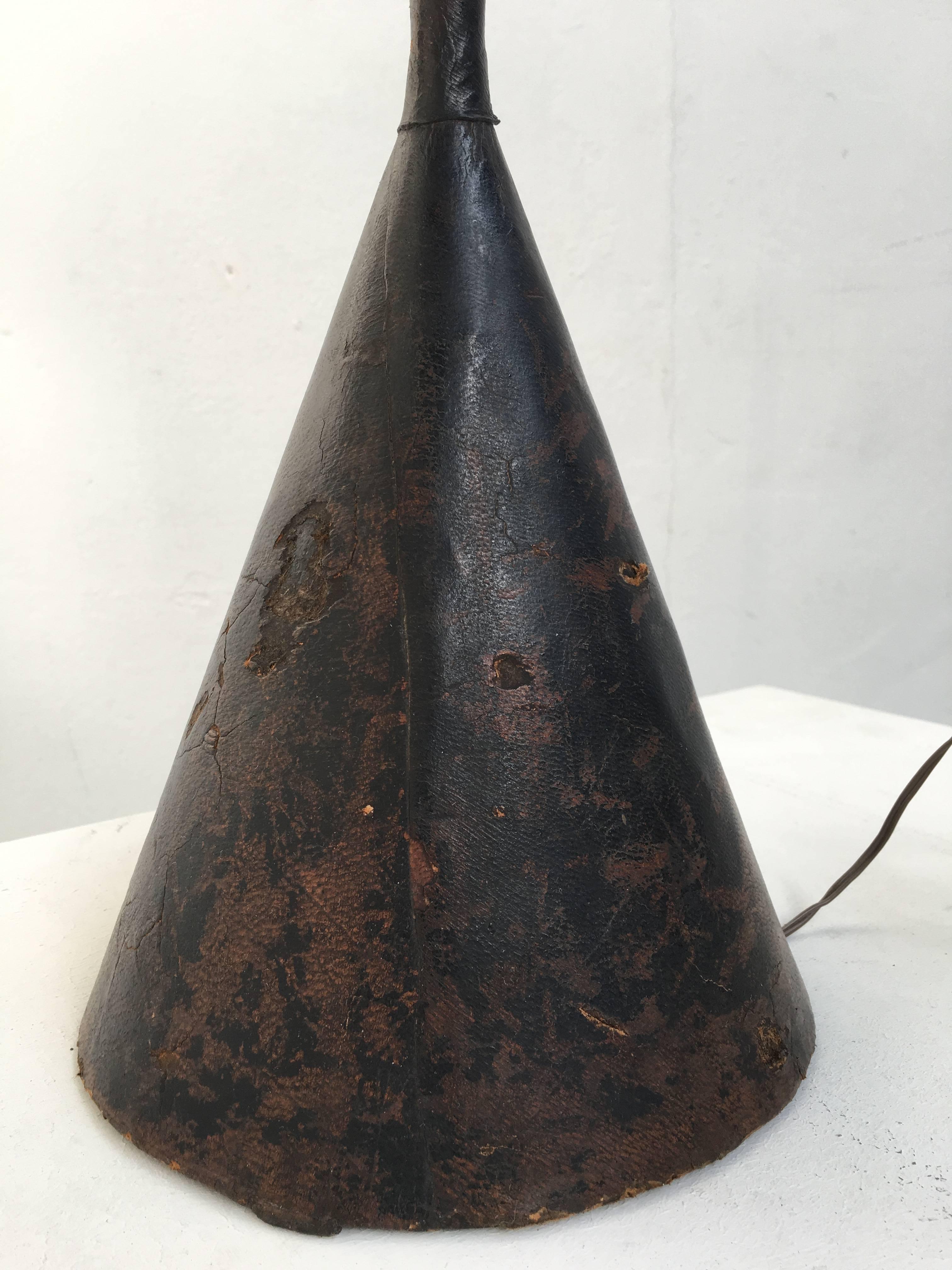 Mid-20th Century Jacques Adnet Floor Lamp, Original Saddle Stitched Leather & Brass Details, 1950