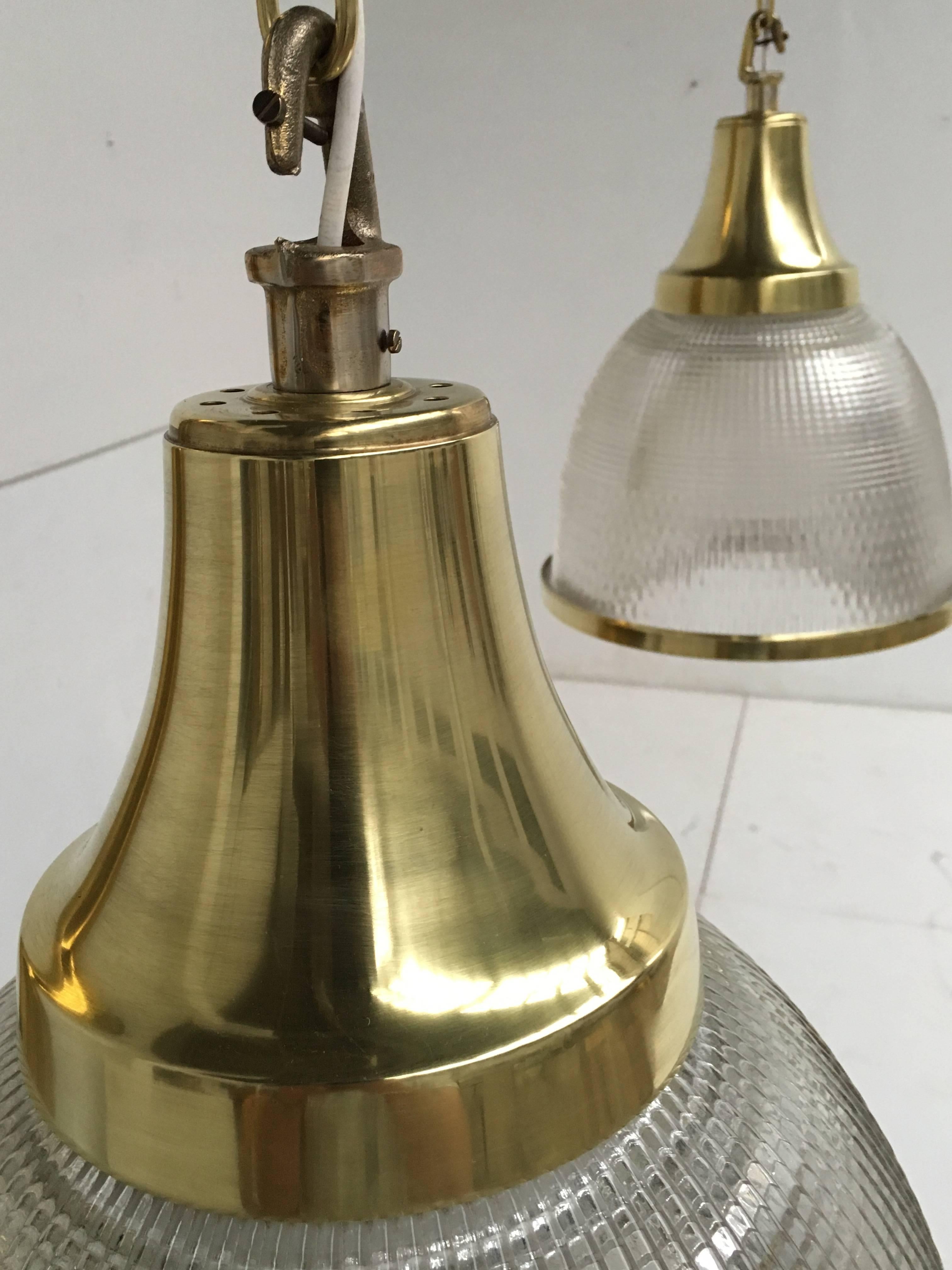 Large Holophane Glass and Brass Pendants Made in the United Kingdom In Good Condition In bergen op zoom, NL