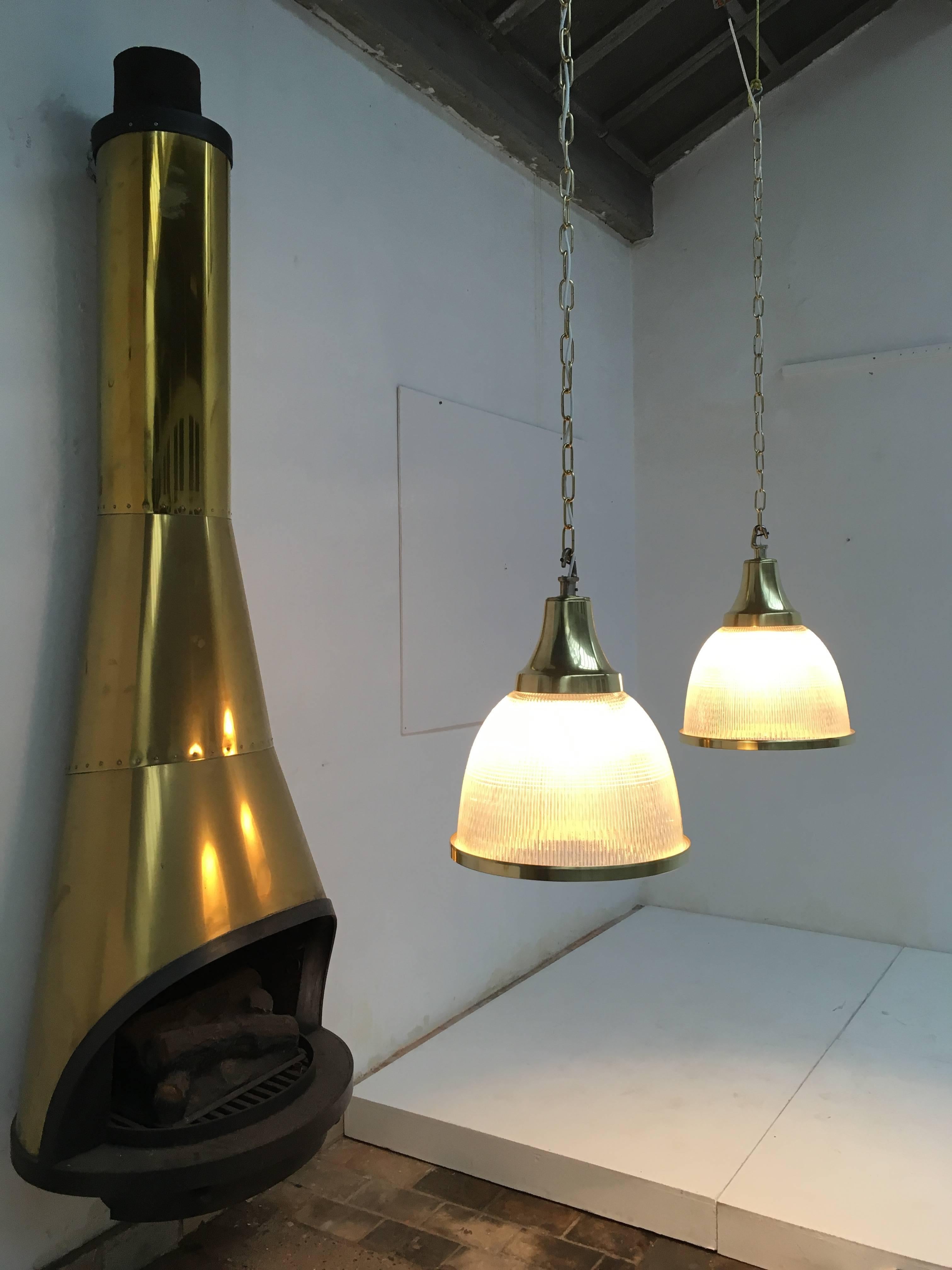 Large Holophane Glass and Brass Pendants Made in the United Kingdom 1