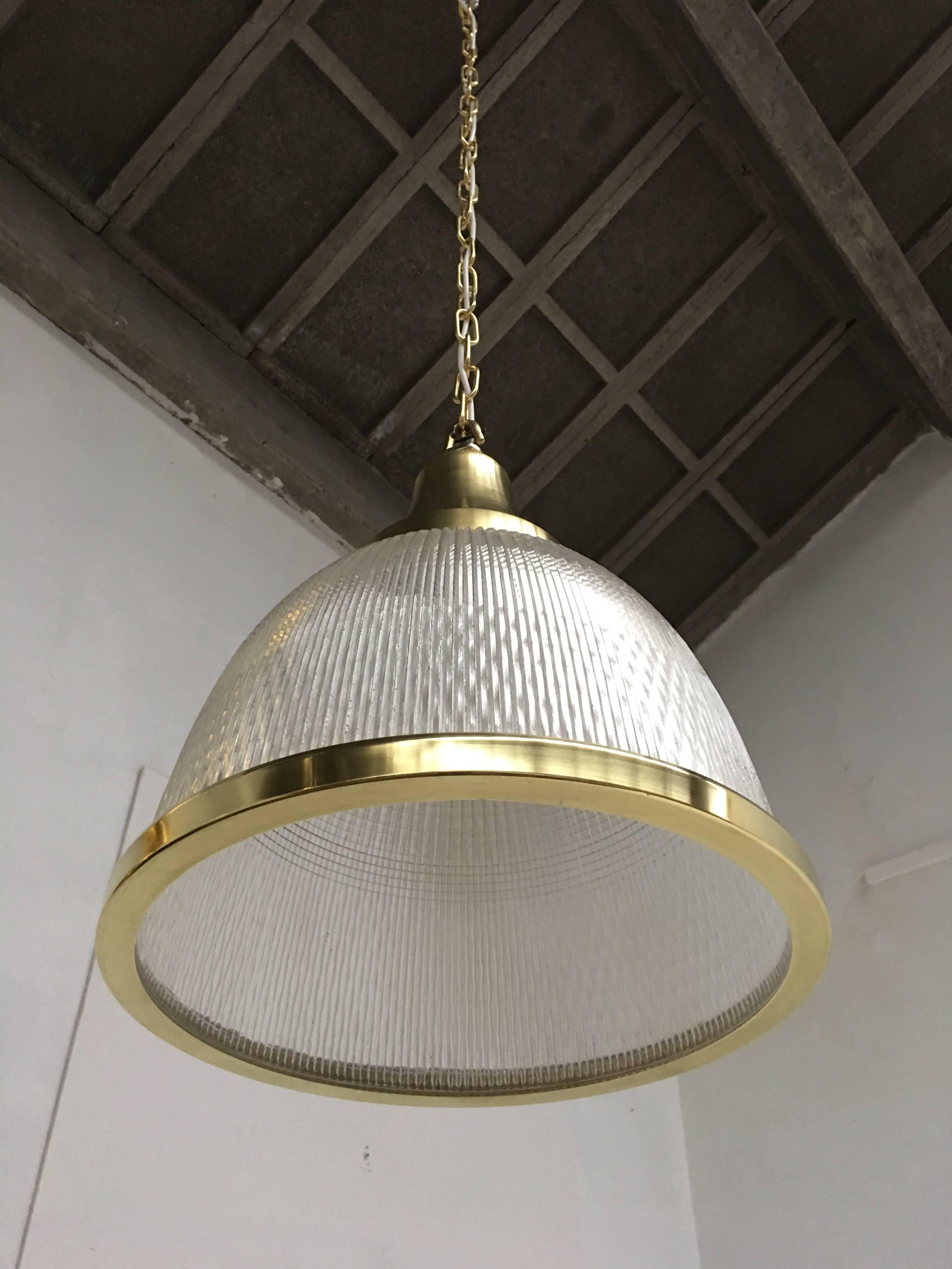 Large Holophane Glass and Brass Pendants Made in the United Kingdom 2