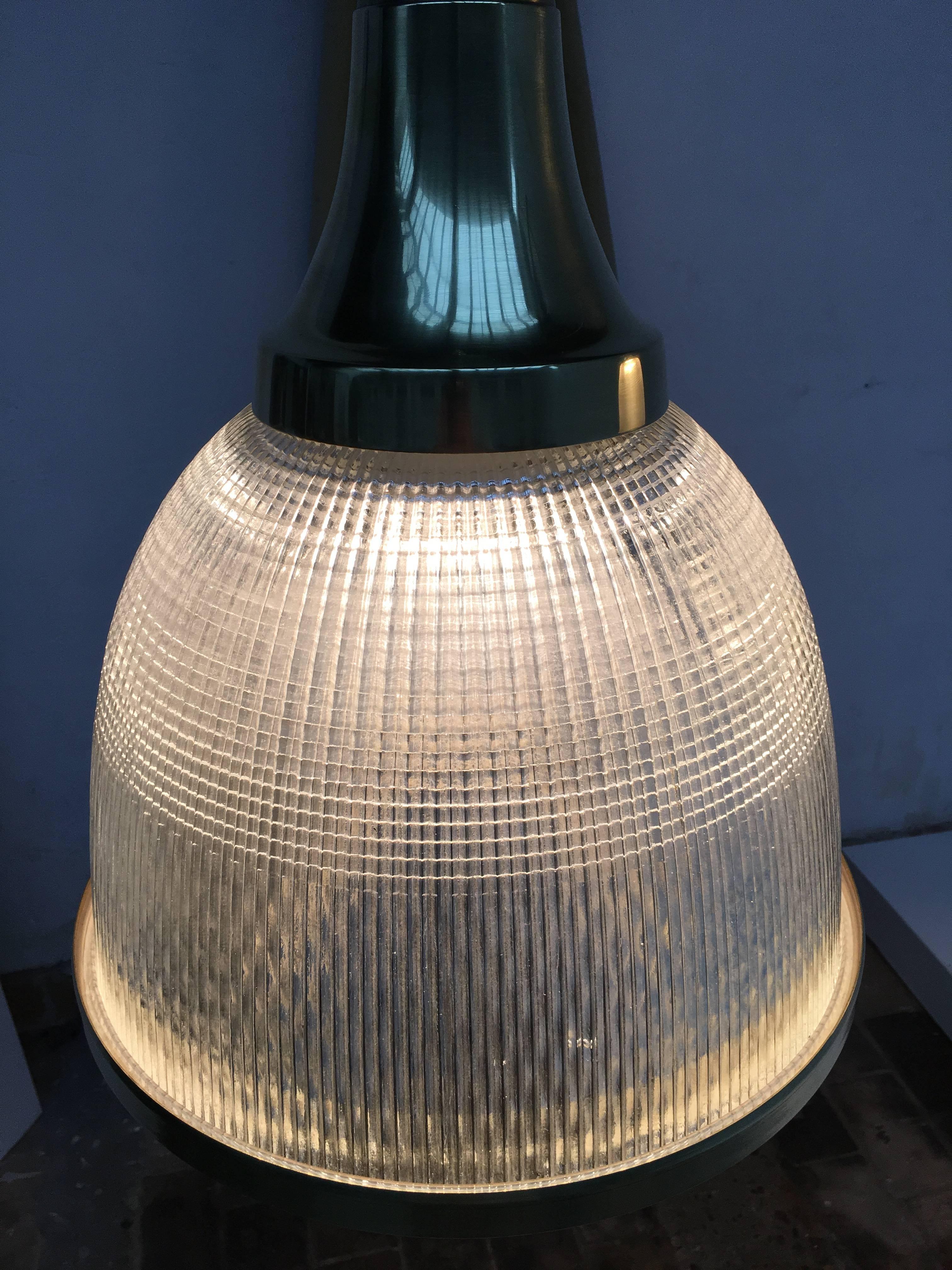 Late 20th Century Large Holophane Glass and Brass Pendants Made in the United Kingdom