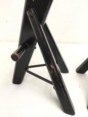 Pair of Brutalist Black Stained Solid Oak and Brown Leather Bar Stools, 1970s