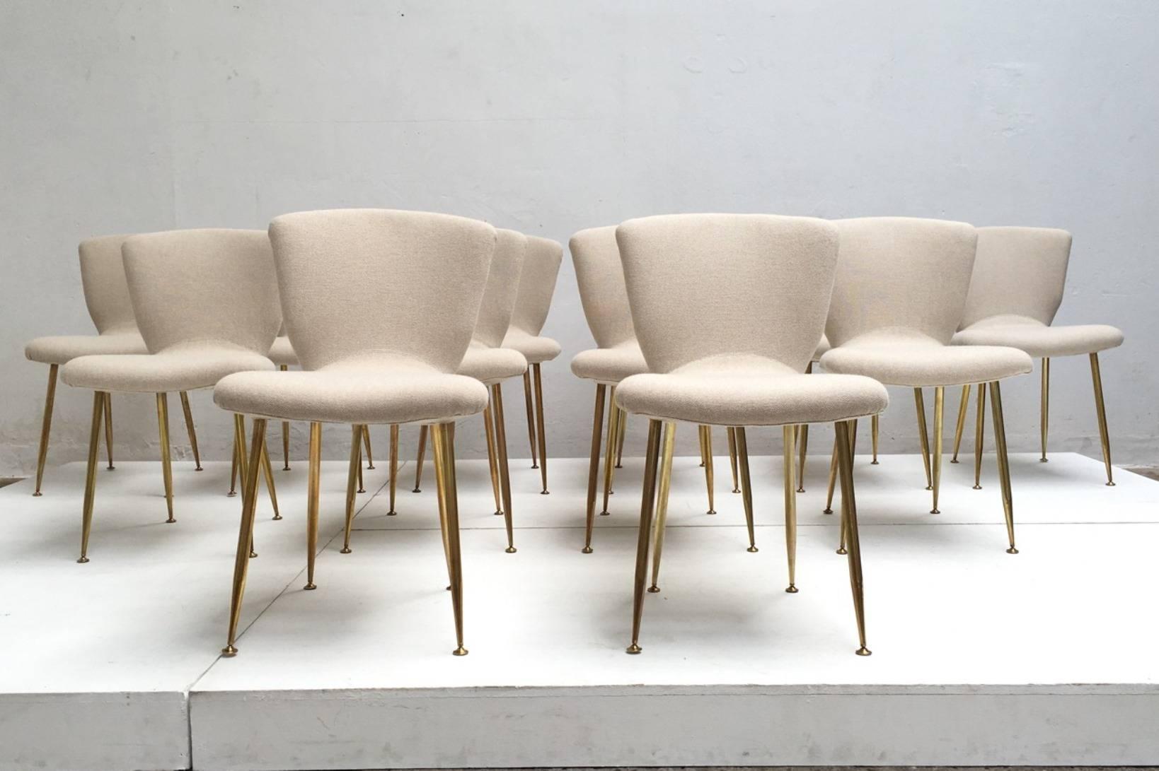 Mid-Century Modern 12 dining chairs by Louis Sognot for ARFLEX, 1959. Brass legs, Upholstery restored