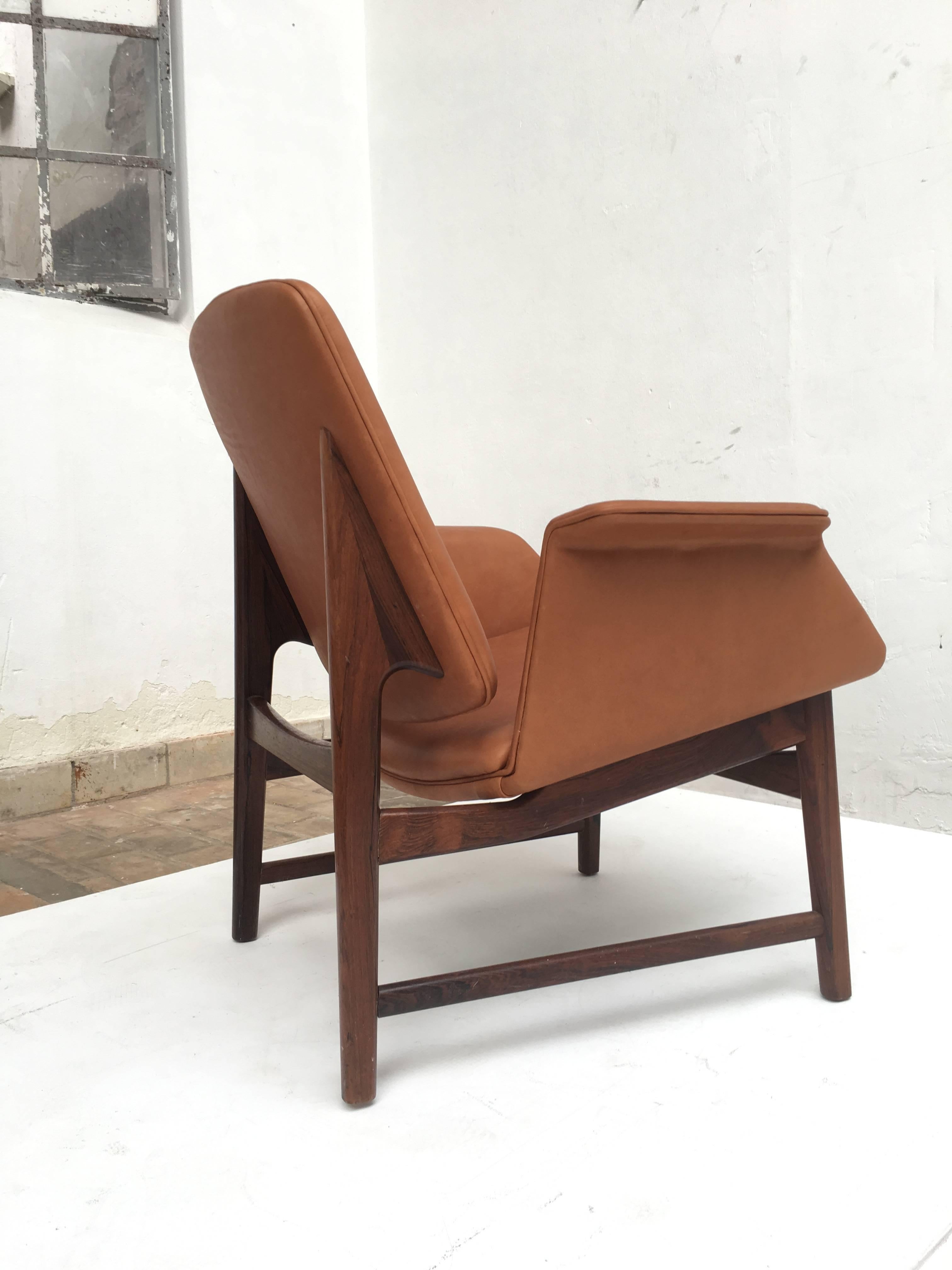 Very Rare Hans Olsen Mahogany and Leather Lounge Chair, Denmark, 1950s In Good Condition In bergen op zoom, NL