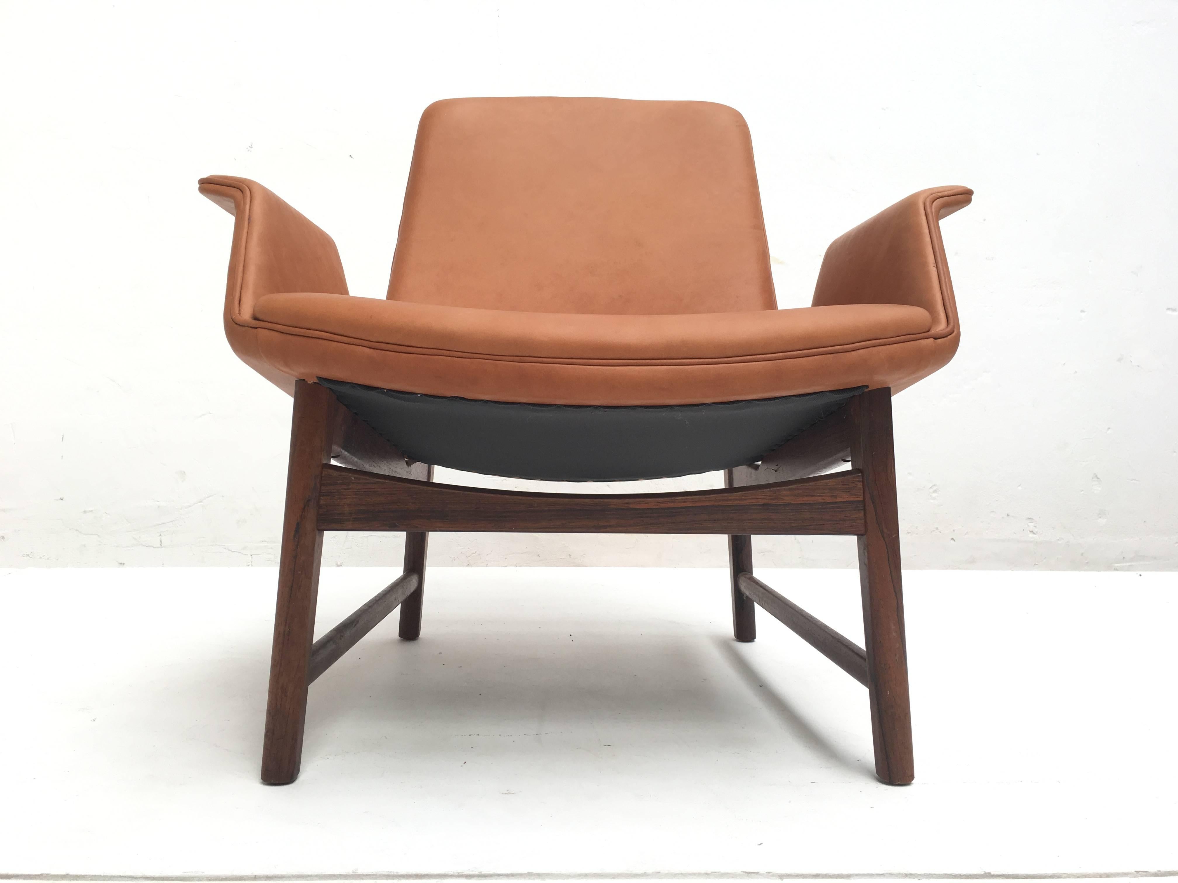 Very Rare Hans Olsen Mahogany and Leather Lounge Chair, Denmark, 1950s 1