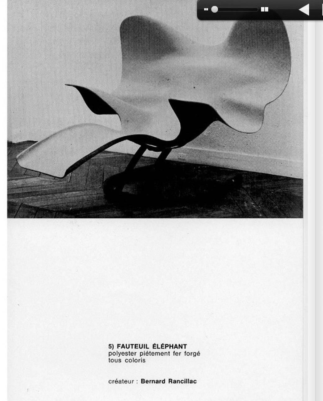 Wonderful prototype 'Elephant' chaise designed by French artist Bernard Rancillac in 1966. The highly stylised 'elephant' form is created in fibre glass and is supported on an enameled wrought iron cradle base. 

Examples can be found in the