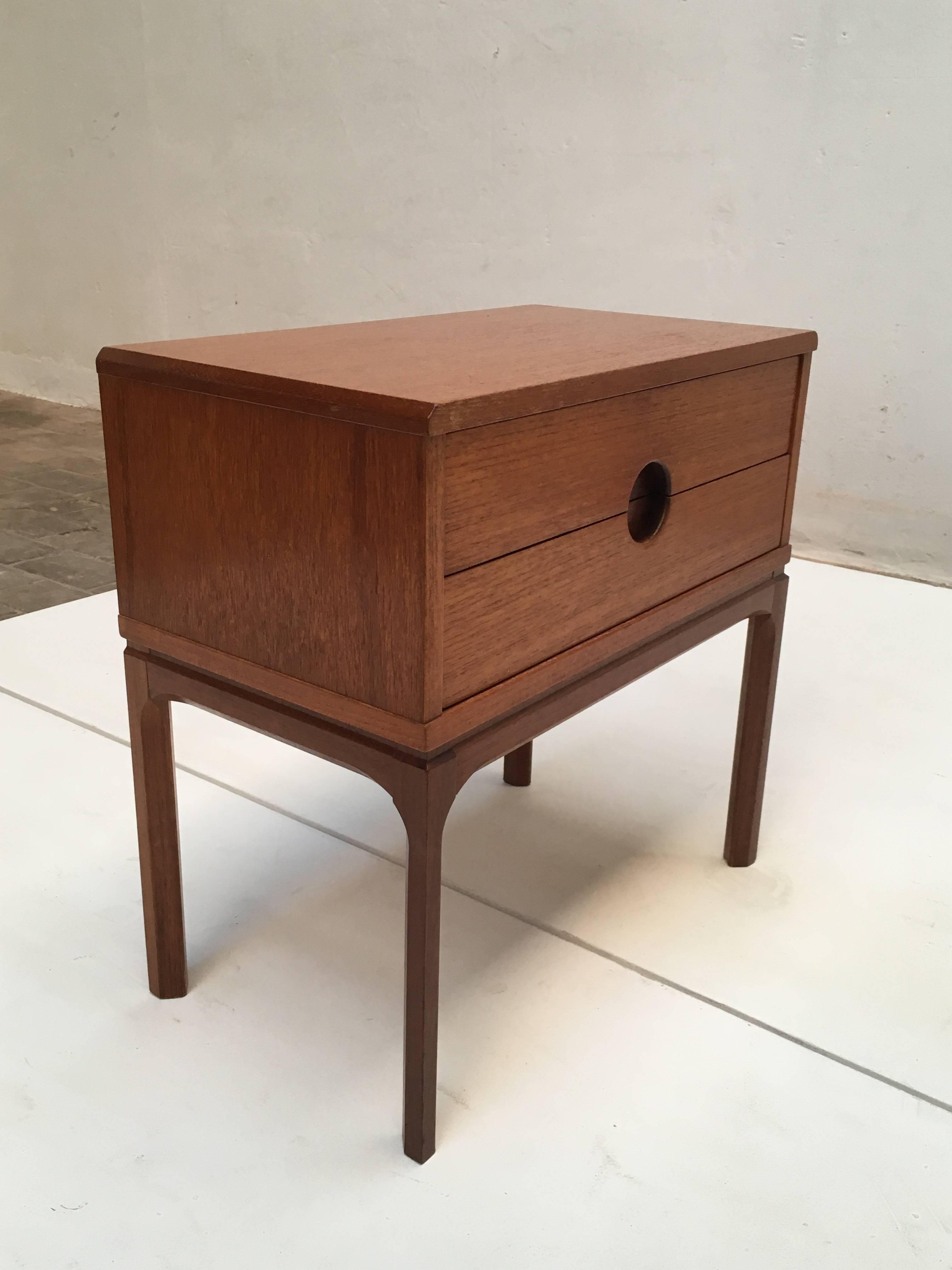 Pair of top quality Danish design nightstands by cabinetmaker Aksel Kjersgaard 
produced by Odder, Denmark, circa 1960.

One cabinet has two drawers and the other two doors.

They can be perfectly used as nightstands or side tables that will