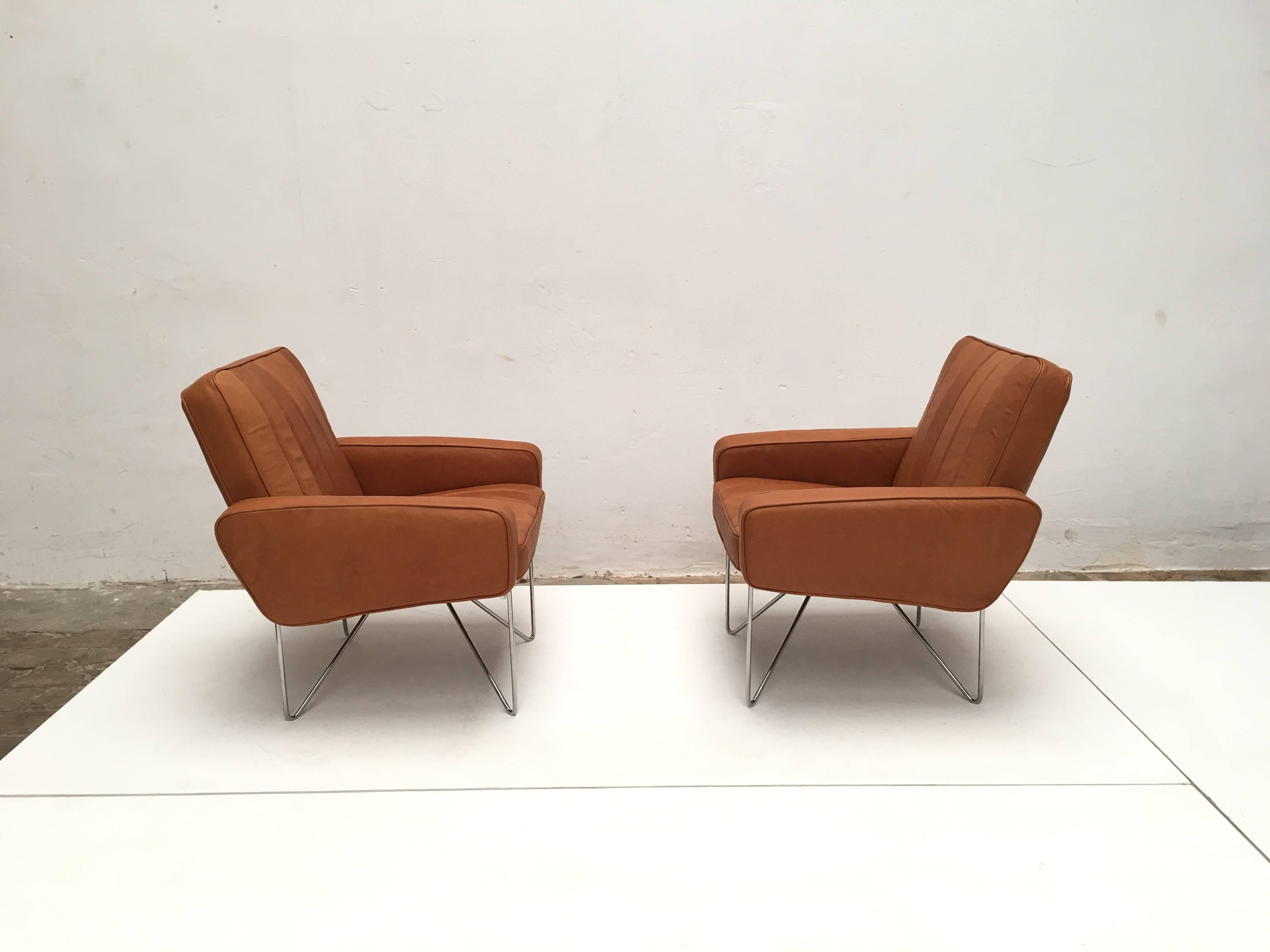Chromed Steel Wire Base and Leather Easy Chairs Attributed to Hein Salomonson 2