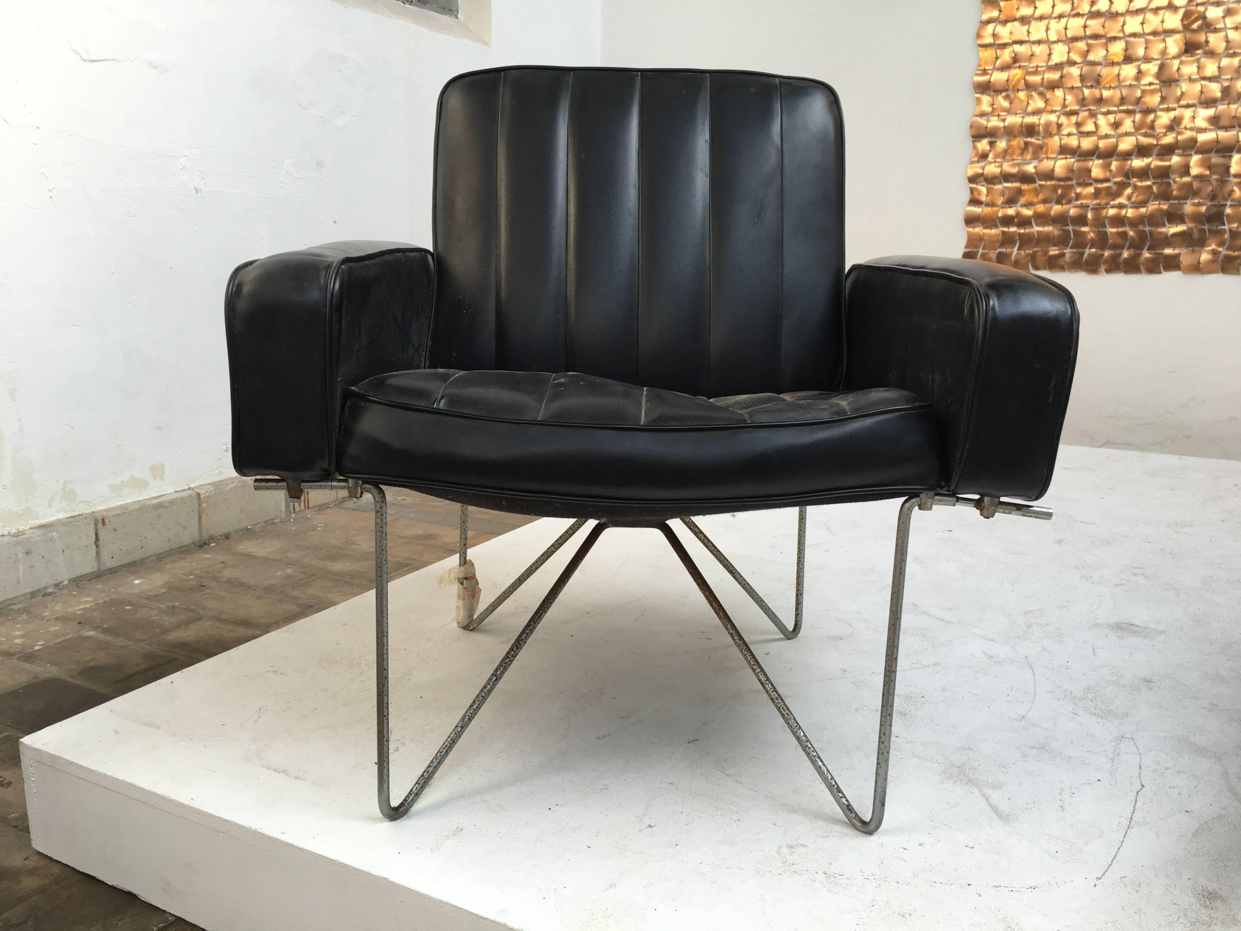 Chromed Steel Wire Base and Leather Easy Chairs Attributed to Hein Salomonson 3